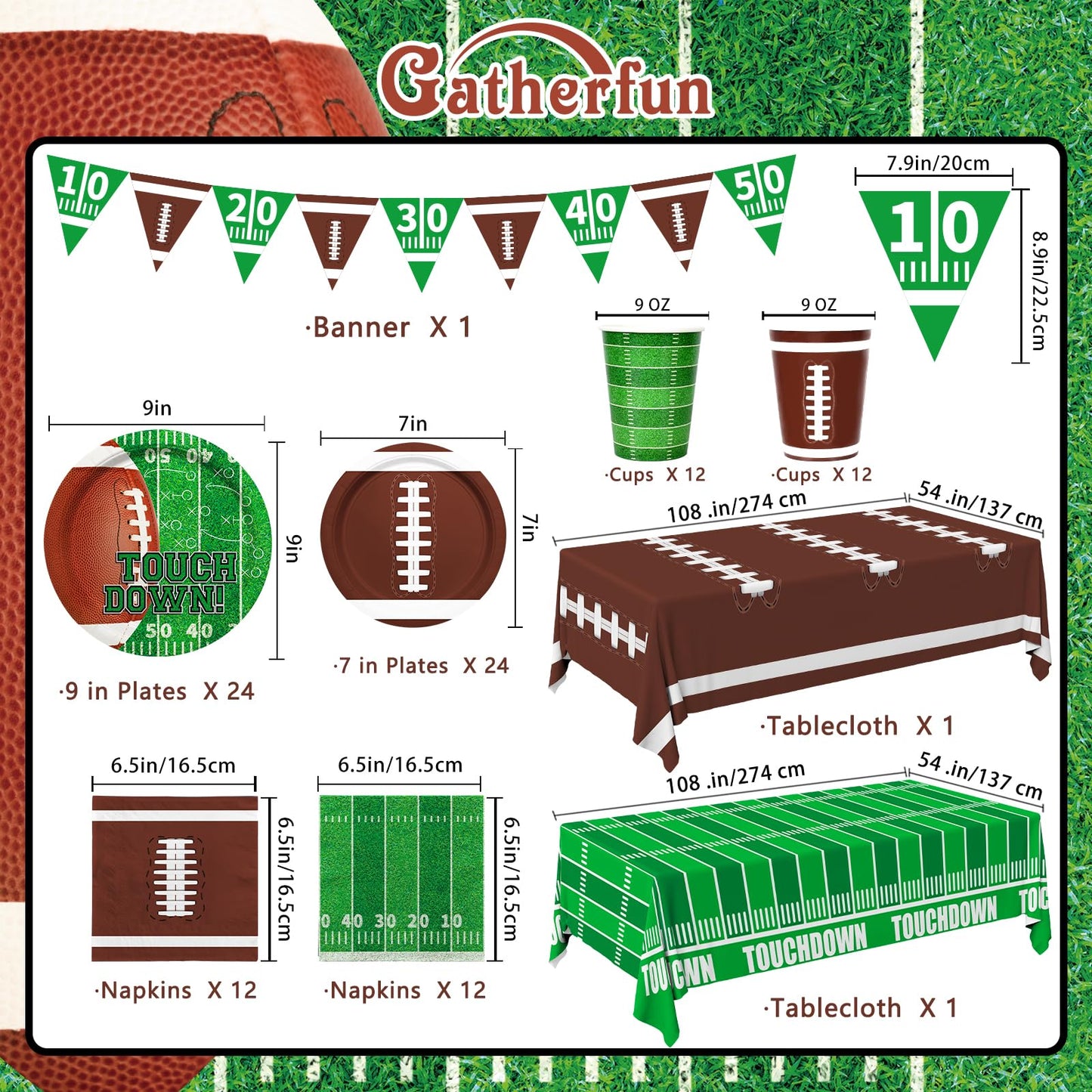 Football Party Supplies Kit Serve 24,Includes Dinner Plates, Dessert Plates, Napkins, Cups,Banner And Touchdown Tablecloth For F