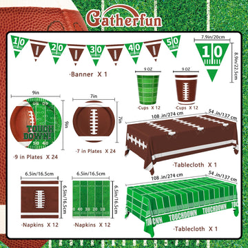 Football Party Supplies Kit Serve 24,Includes Dinner Plates, Dessert Plates, Napkins, Cups,Banner And Touchdown Tablecloth For F