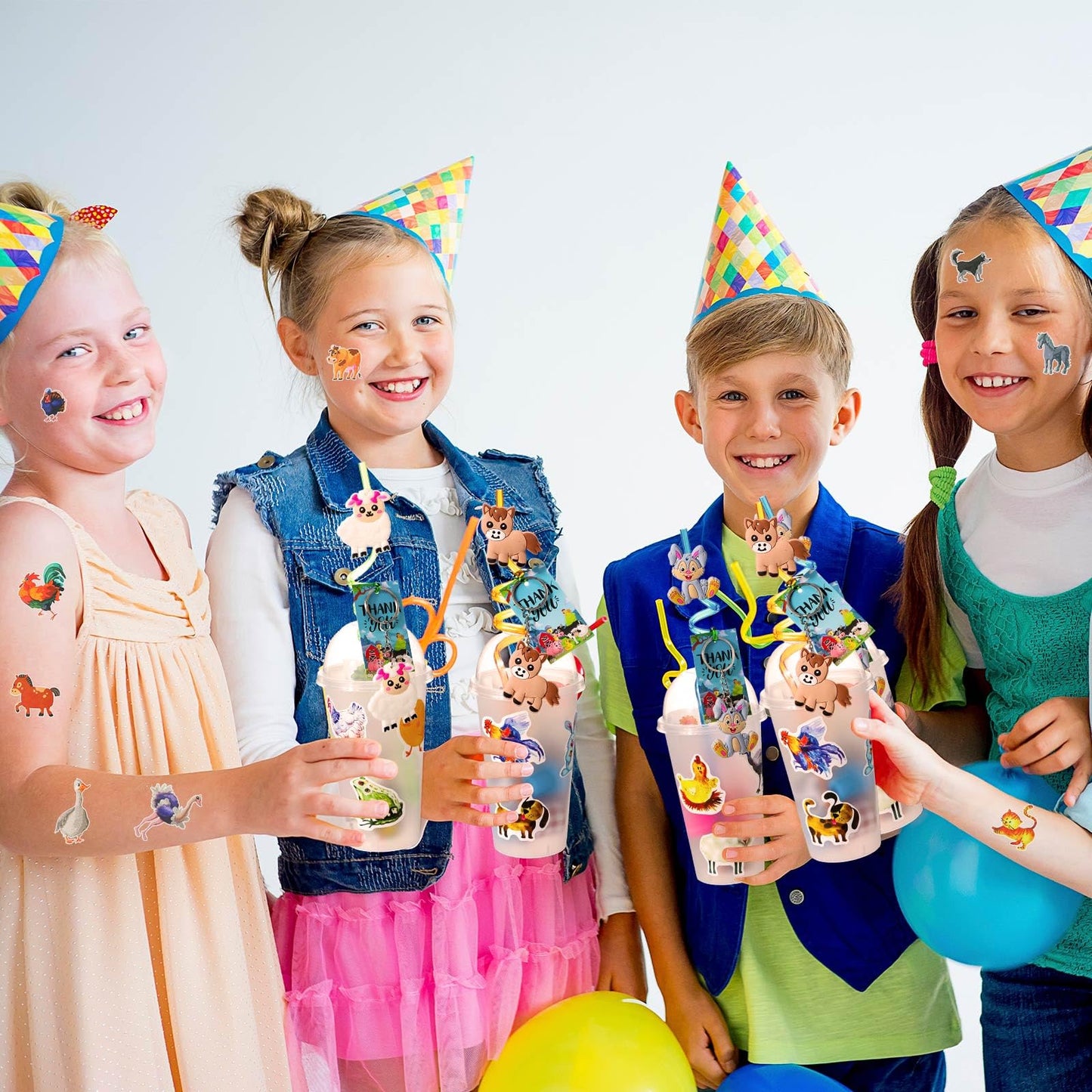 Poen 212 Pcs Farm Animal Party Favors Set Include Cup Straw Stamp Clap Bracelet Keychain Ring Puzzle Sticker Animal Miniature Ca