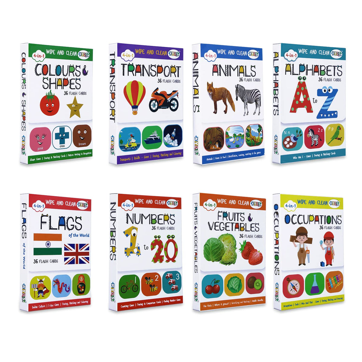 Kyds Play Early Learning  Alphabets, Numbers, Colours, Fruits, Animals, Transport, Occupation & Flags, Wipe & Clean Activity Fl