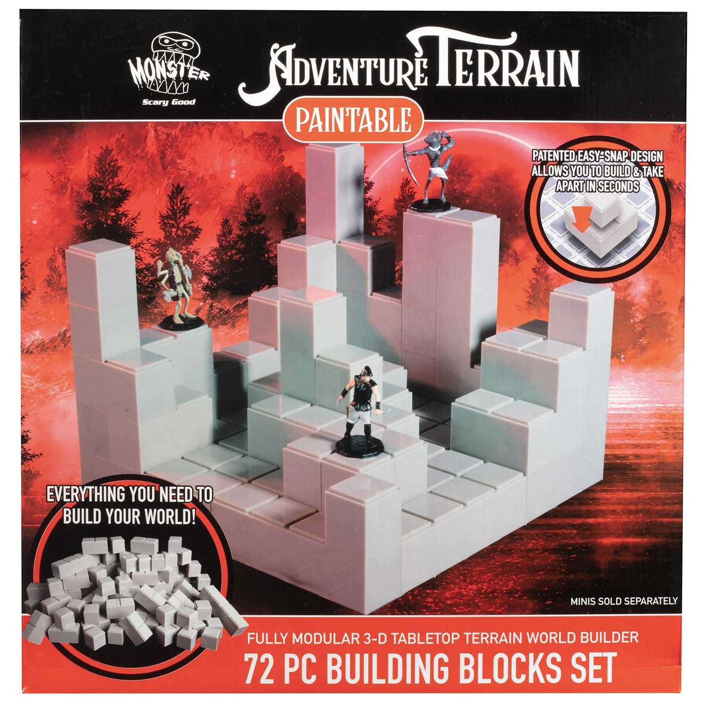Monster Adventure Terrain- 72Pc Stackable Building Block Expansion Set - Modular & Stackable 3-D Tabletop World Builder Compatib