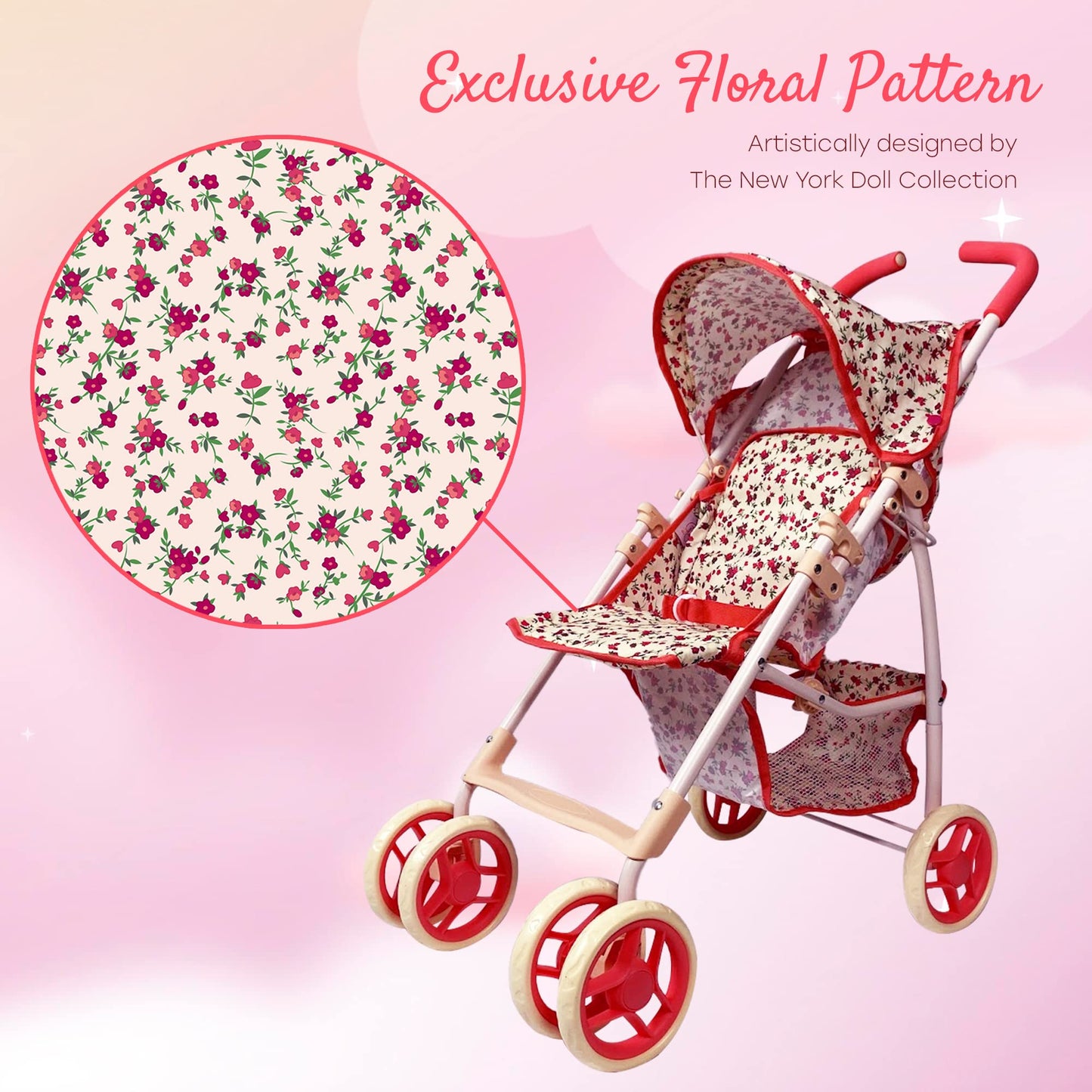 The New York Doll Collection Baby Doll Stroller - 28” Floral Toy Stroller with Canopy, Mesh Basket, Rubber Tires, Model A226