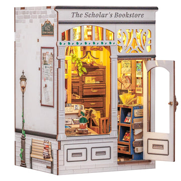 CUTEBEE DIY Book Nook Kit  Miniature House Kits for mature-themed and Teens  DIY Miniature Book Nook kit with Sensor Led Light  Gifts for Lovers and Family (The Scholar's Bookstore)