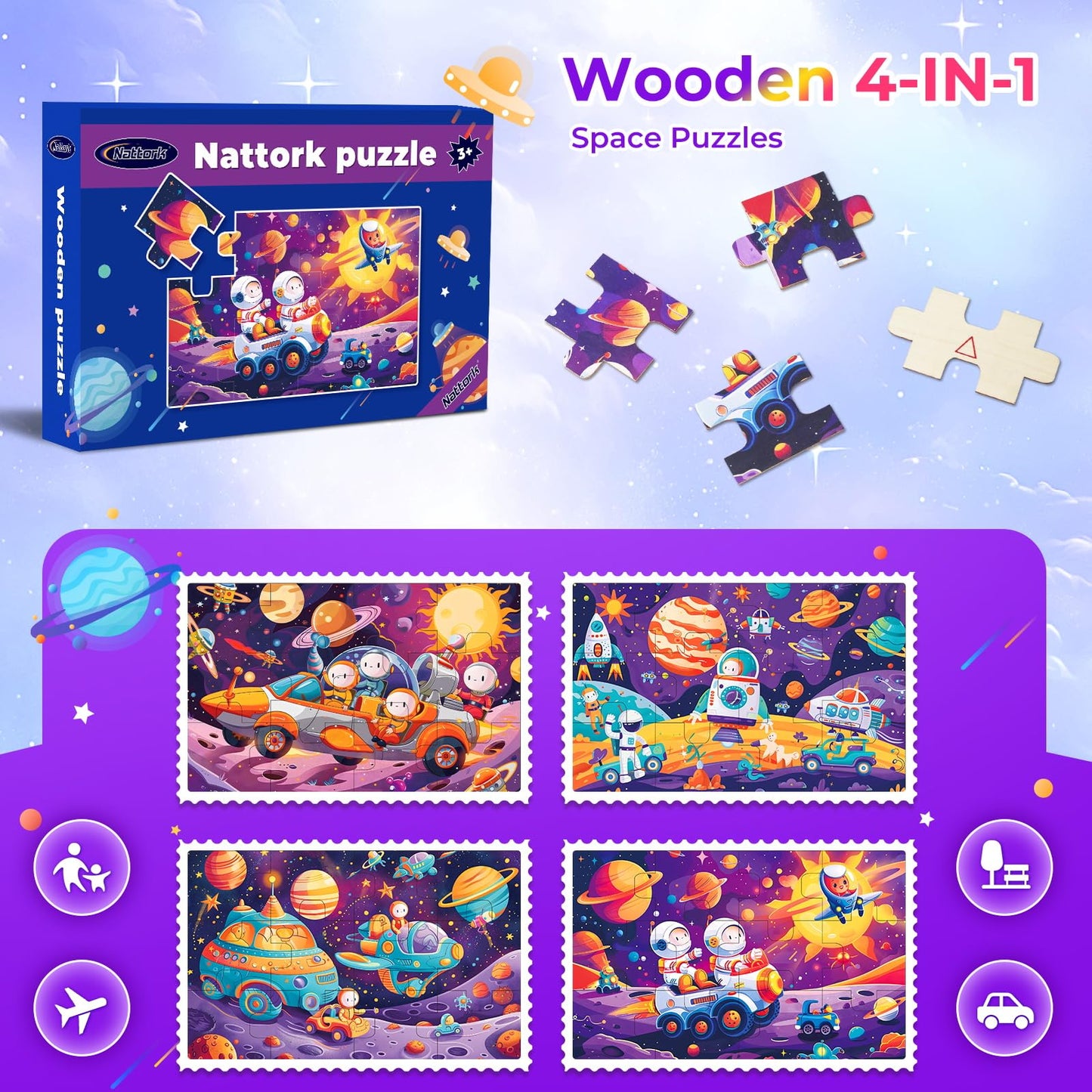 Nattork Wooden Puzzles For Kids Ages 4-8, 4-In-1 Wooden Jigsaw Puzzles In A Box (48 Pcs), Toddler Educational Toy Gift With Outer Space Puzzles, Funny Puzzle Game For Kids Ages 3-5