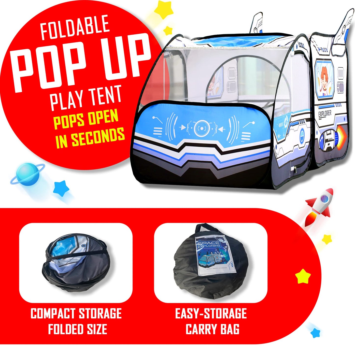 Kids Pop Up Play Tent - Spaceship Indoor Outdoor Rocket Ship Playhouse Tent Games Party Children Foldable Tent Birthday Toy For