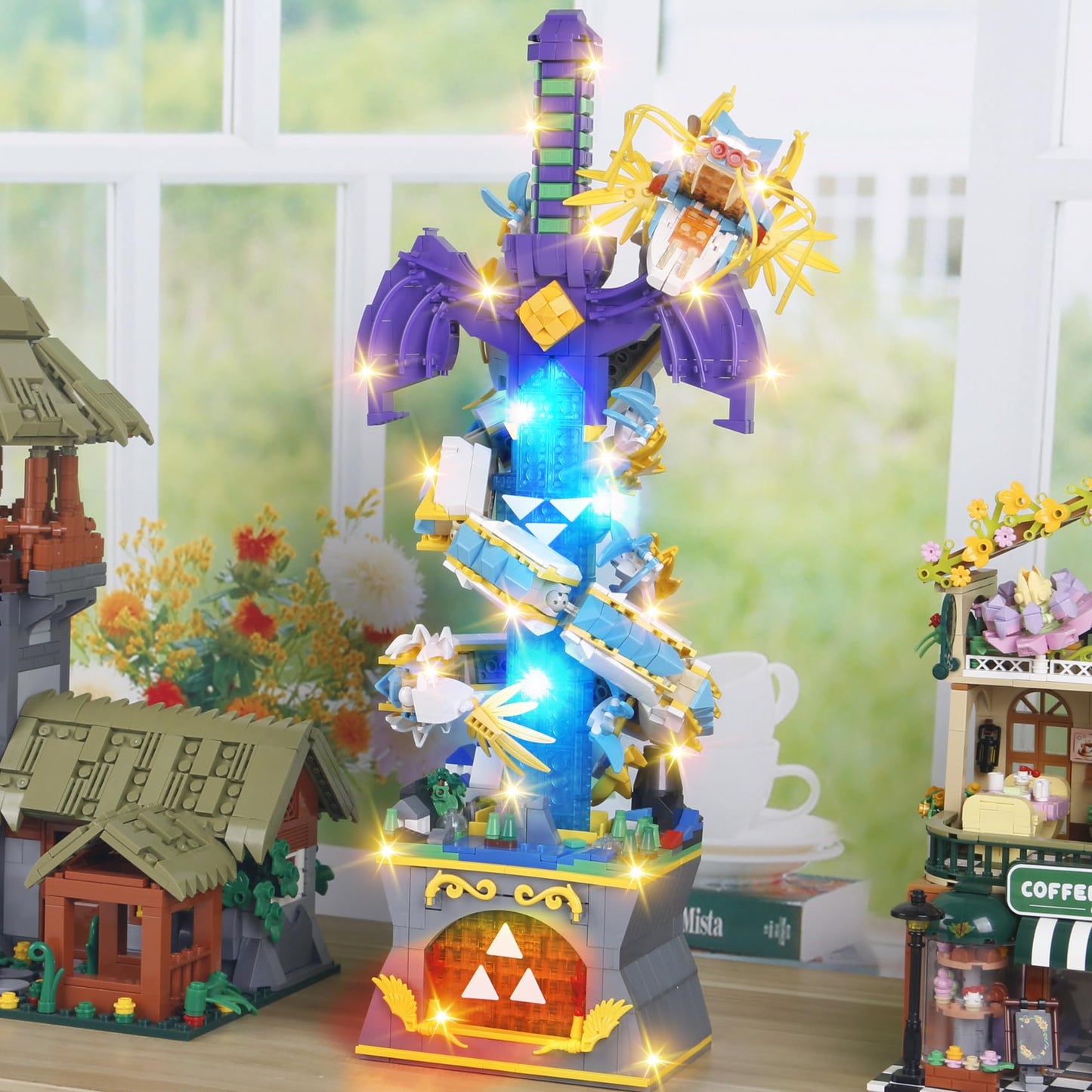 SAMYBLOCKS 1433PCS Dragon Swords Building Blocks Set, LED Light, 8.66 x 13.78 x 3.15 inches, Blue/Red/Green, Model