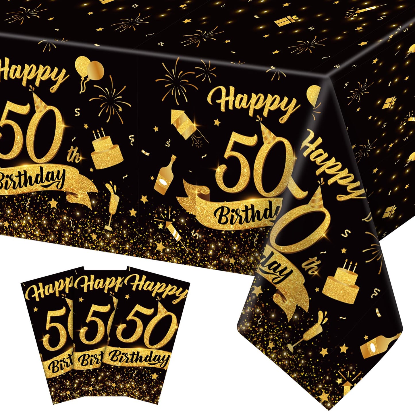 NatNarr 3 Pack 50th Birthday Tablecloth, Plastic Black Gold Table Cloths 50th Birthday Table Cover, Disposable Rectangle Table C