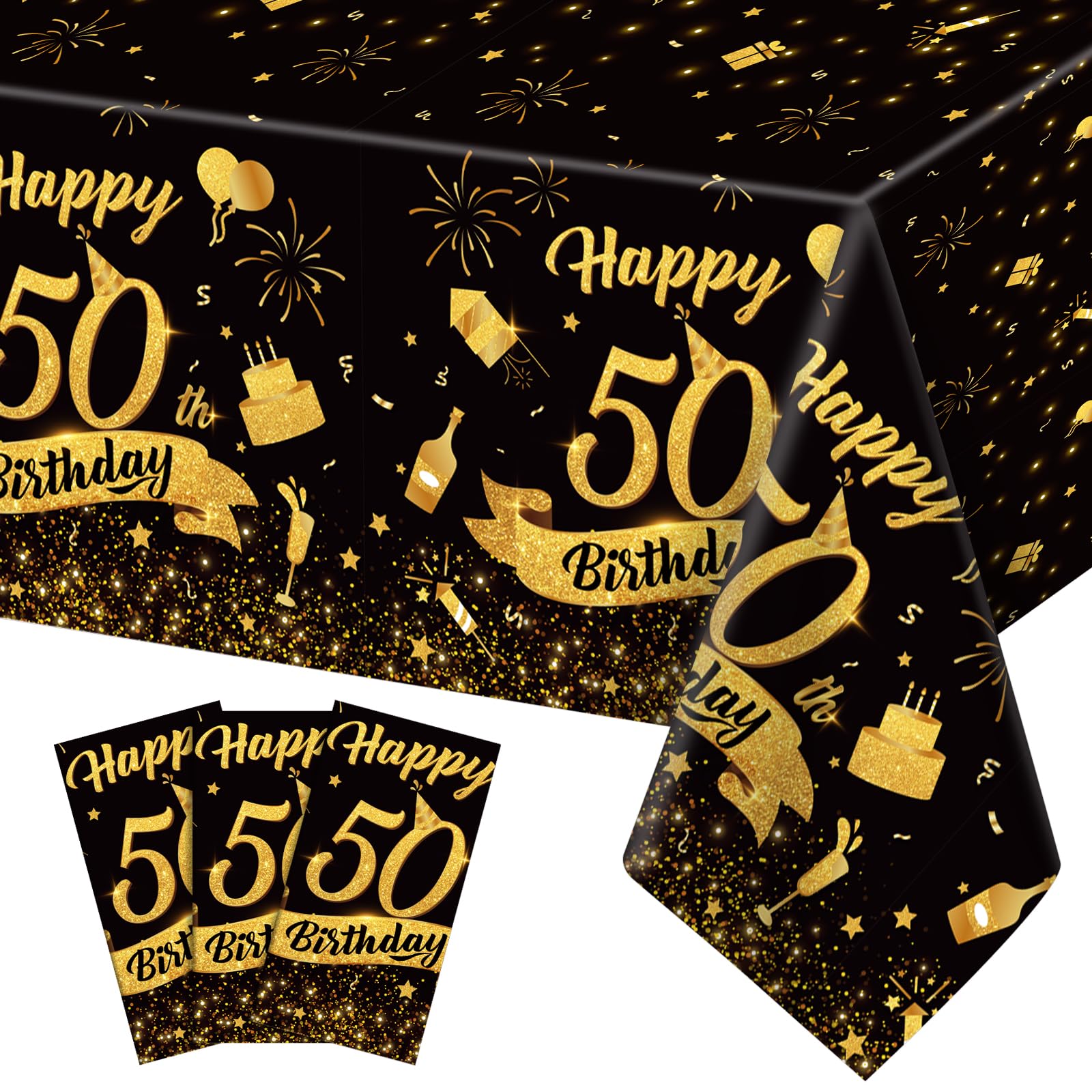 NatNarr 3 Pack 50th Birthday Tablecloth, Plastic Black Gold Table Cloths 50th Birthday Table Cover, Disposable Rectangle Table C