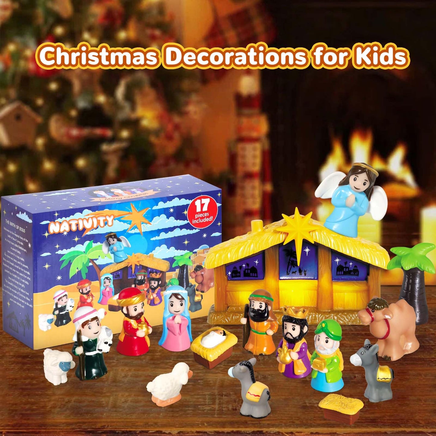 Hotfun Lighted Nativity Set For Kids, Christmas Story Nativity Playset Figures, 17 Pcs Childrens Nativity Set With Baby Jesus Ma
