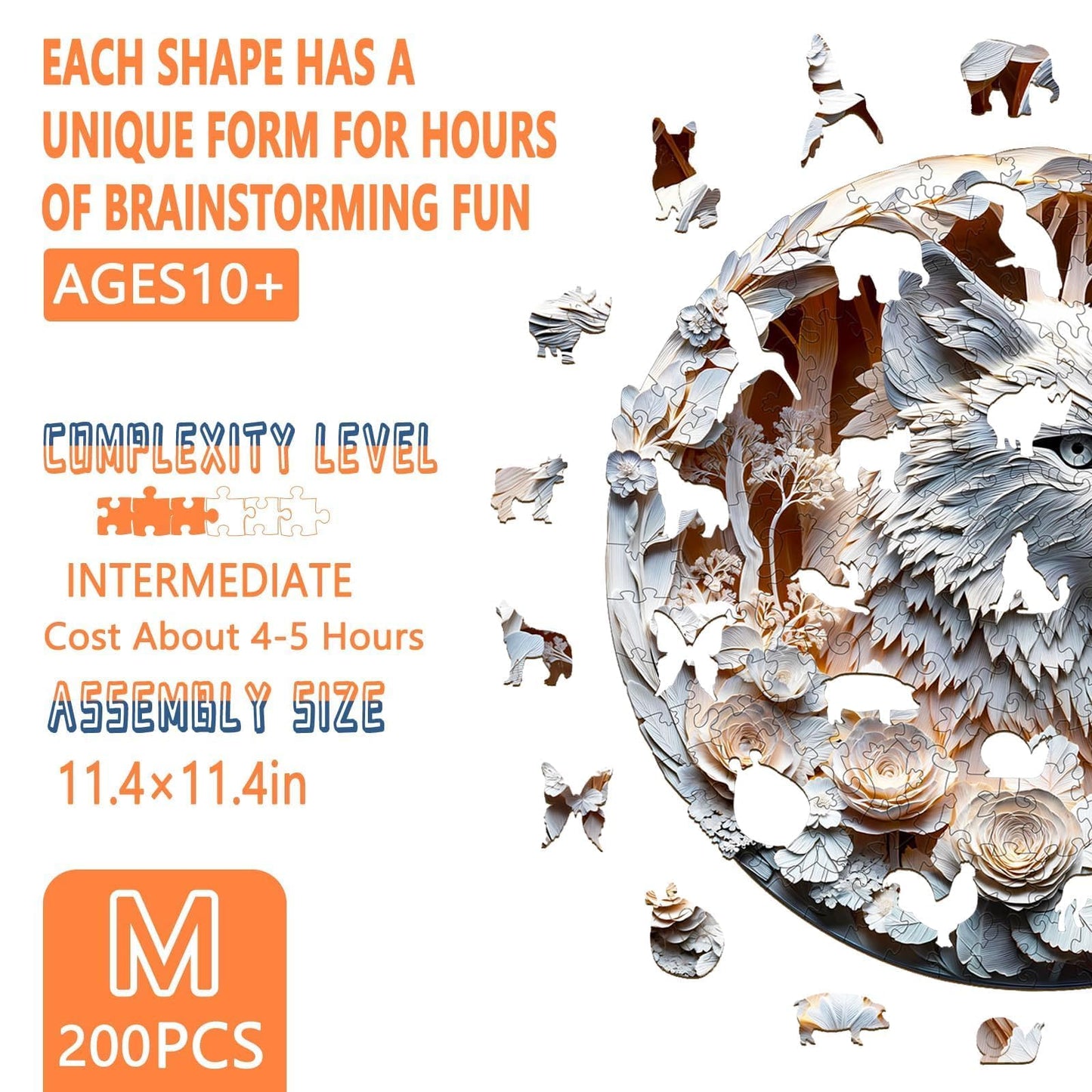 Wooden Puzzles for mature-themeds  Flat Puzzle with 3D Visual Effect  White Wolf Wooden Jigsaw Puzzles for mature-themeds 200 Piece  Unique Shape Wood Puzzles mature-themed  Wall Art Canvas Puzzle (M-11.4 * 11.4in)