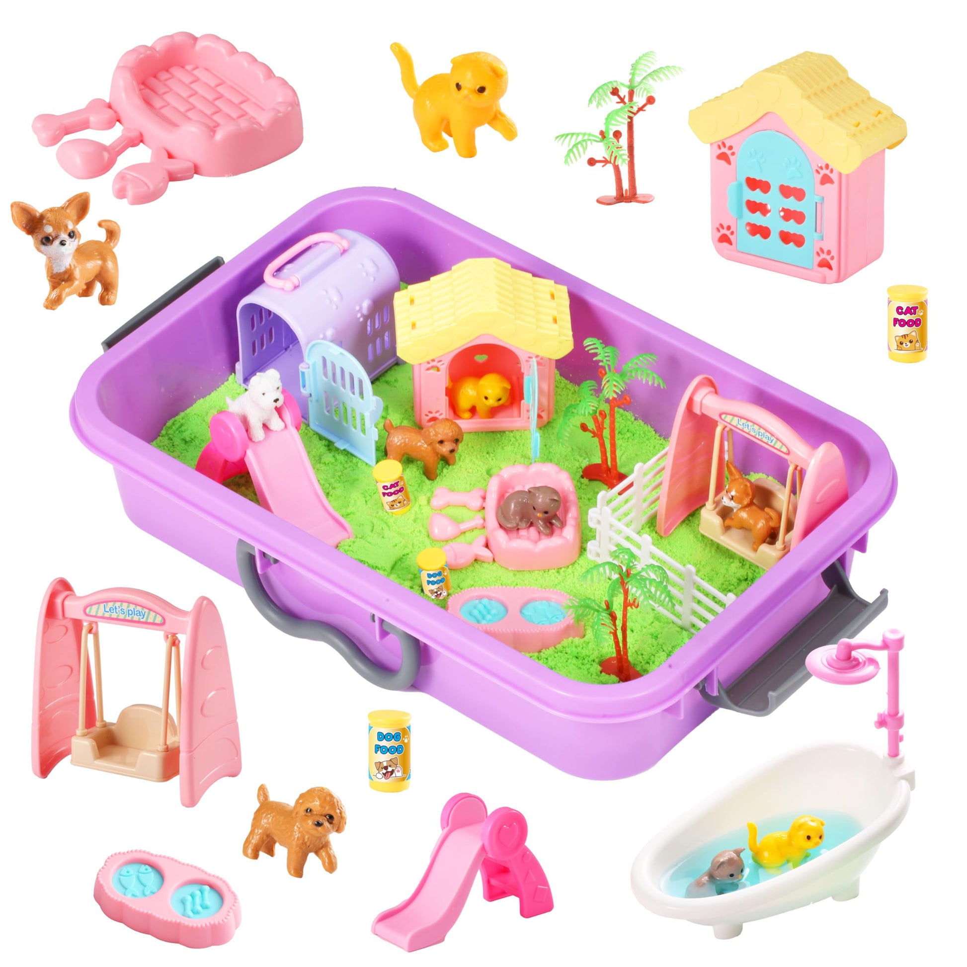 Carolart Pet Sensory Bin,Dog And Cat Sandbox For Kids,Kids Play Sand Kit,Pet Play Set With Sensory Sand,Pet Care Play Set,Role P