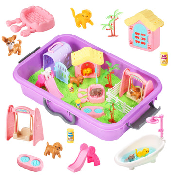 Carolart Pet Sensory Bin,Dog And Cat Sandbox For Kids,Kids Play Sand Kit,Pet Play Set With Sensory Sand,Pet Care Play Set,Role P