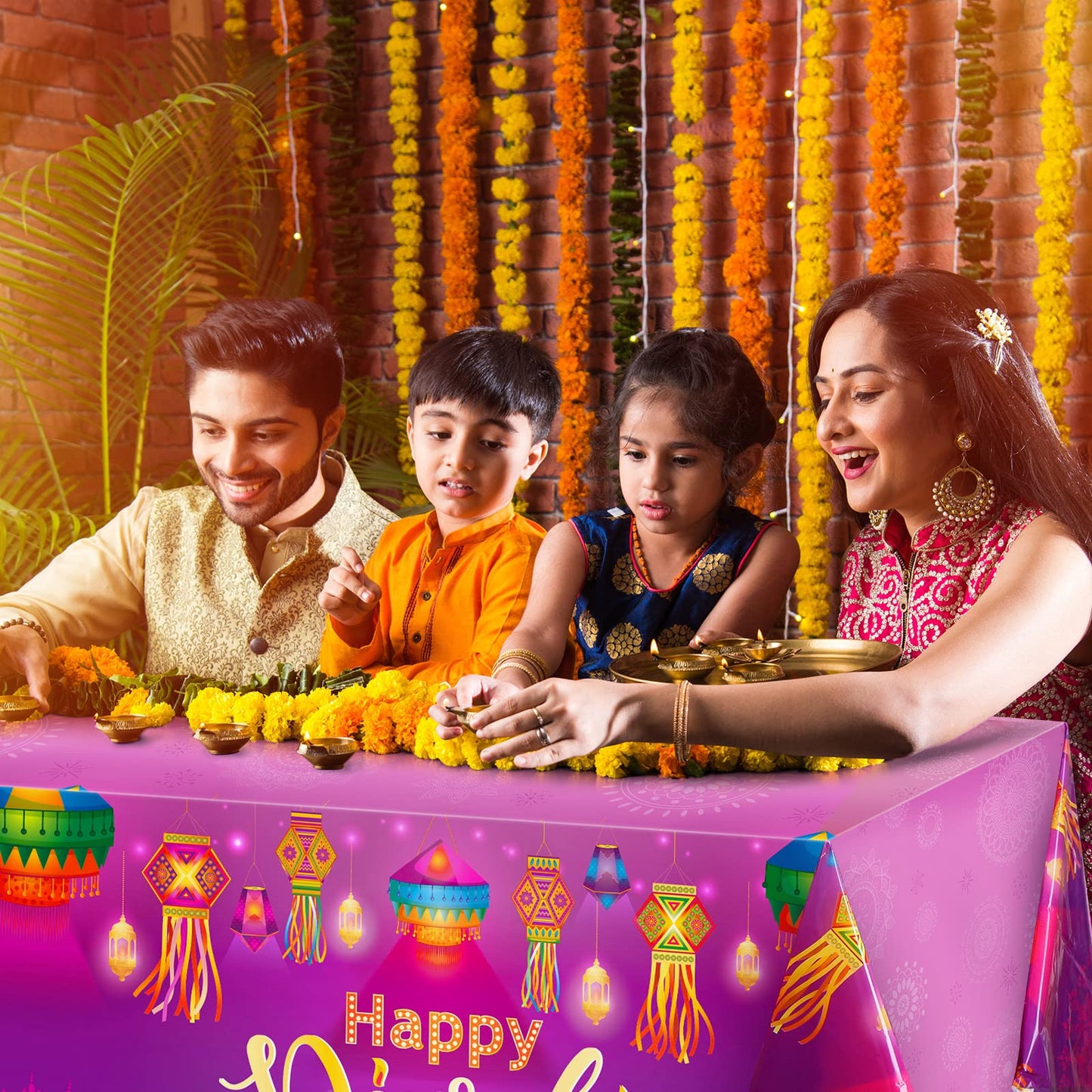 Clabby 3 Pieces Happy Diwali Tablecloths Festival of Lights Party Table Cover Decor Plastic Rectangle Diwali Tablecloth for Happ