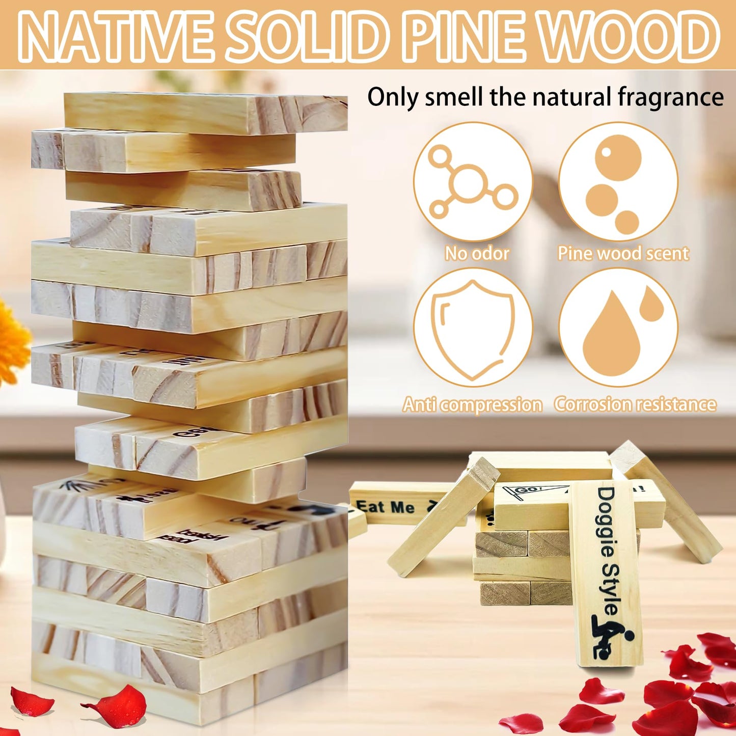 Donciety 48 Pcs Wooden Tumble Tower Blocks Game, Couples Games For Adults Valentine Stacking Blocks Game Stacking Wooden Block G