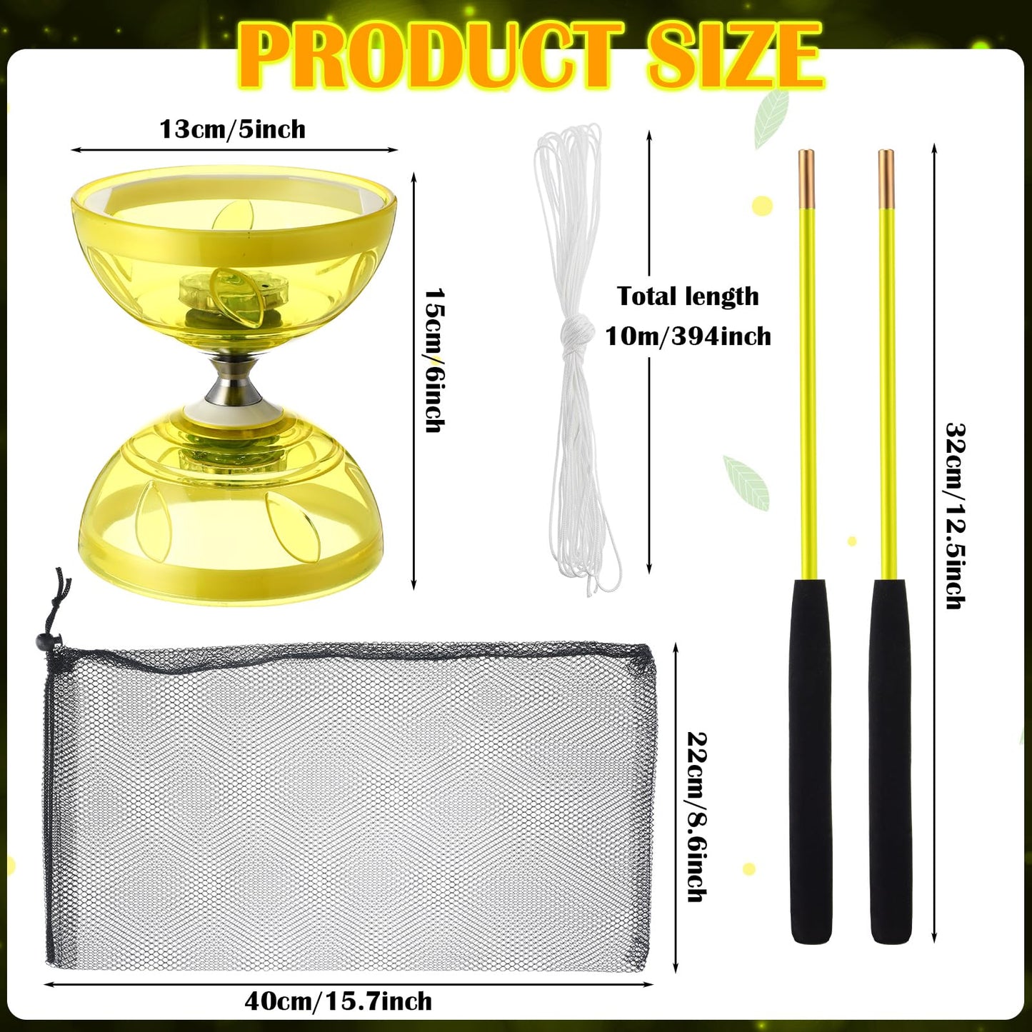 Simgoing Chinese Yoyo Diabolo Set - LED Toy with 2 Sticks & String, Yellow, 6" Height, 5" Diameter, Fun for All Ages