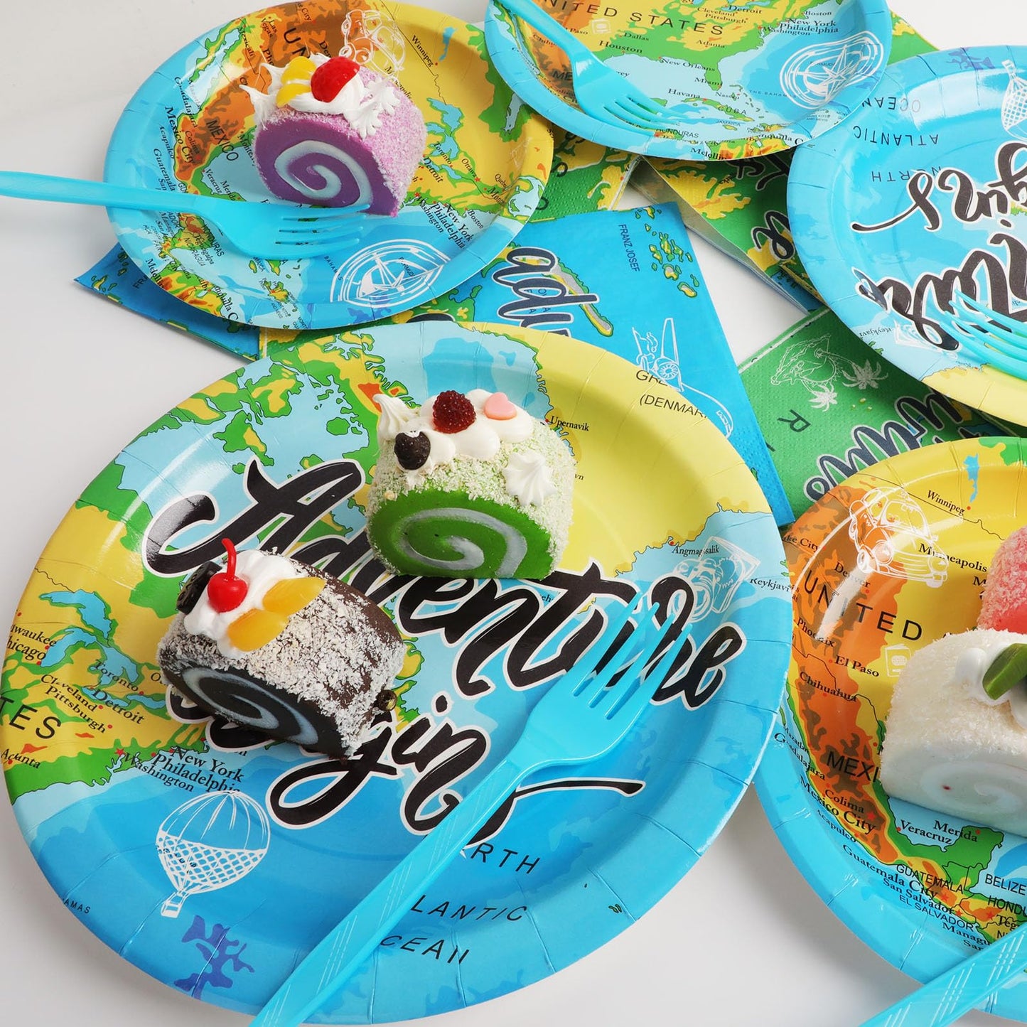 Wiooffen 96 Pcs Adventure Awaits Party Supplies Travel Map Party Plates Napkins Forks For Birthday Retirement Going Away Bon Voy