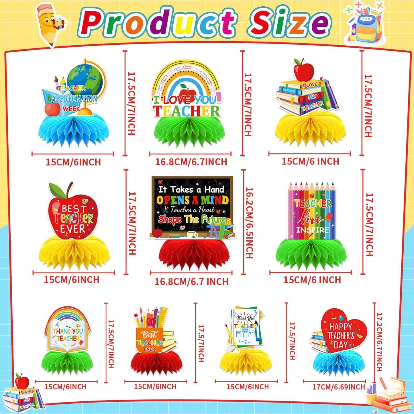 DTOFOOT 10 Pcs Teacher Appreciation Week Table Honeycomb Centerpieces Decorations, Thank You Teacher Table Centerpieces Table To