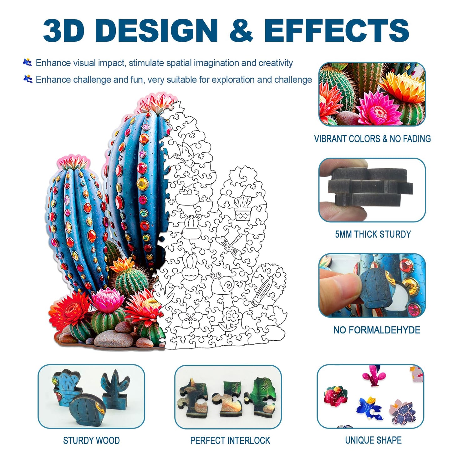 Wooden Jigsaw Puzzles for mature-themeds and Kids  Cactus Gemstones 300 Piece Unique Shaped Puzzle  Family Game and Creative Wooden Puzzle Gift  Wall Art Decor