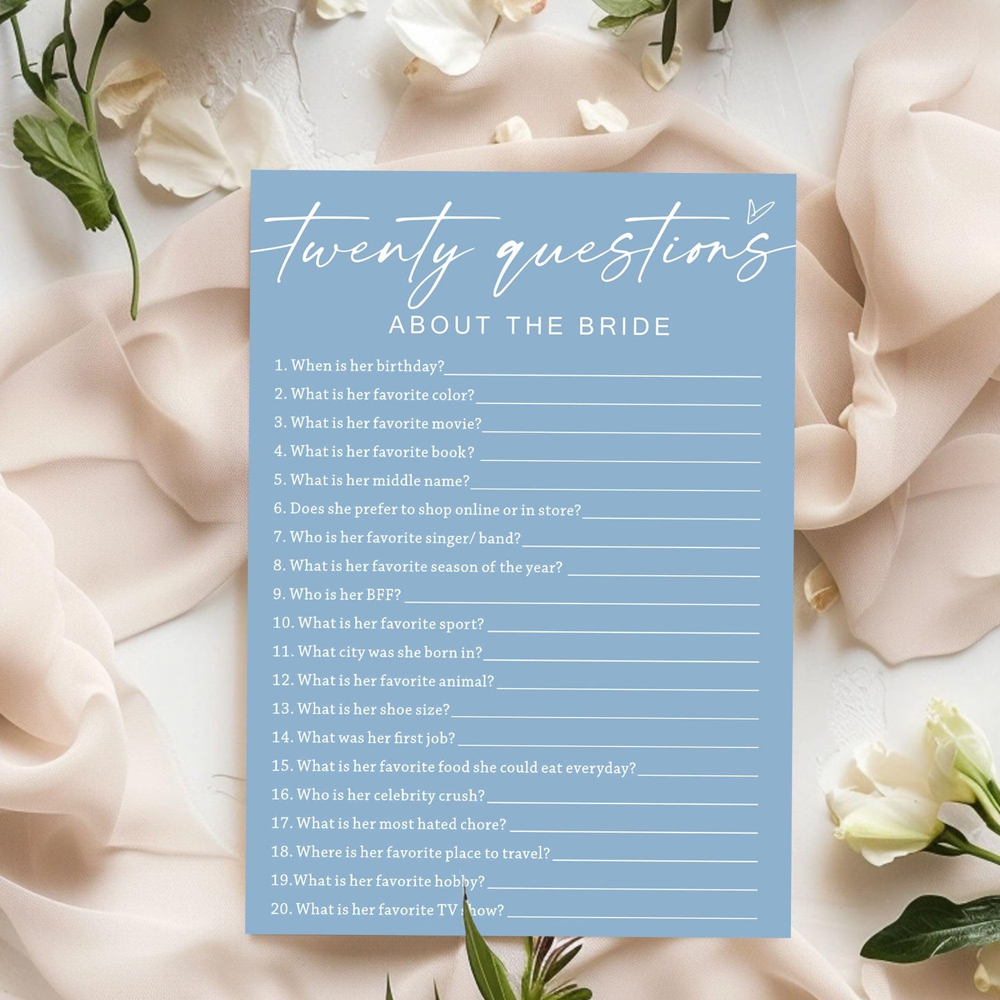 Bridal Shower Games Cards, Twenty Questions About The Bride, Bridal Shower Games 25 Guests, Engagement Party Wedding Games For G