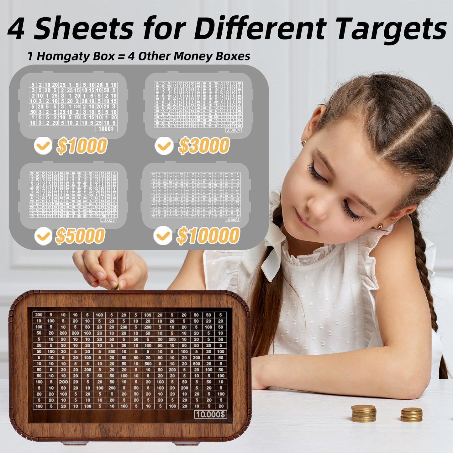 4-In-1 Piggy Bank For Adults Kids - Fully Assembled Wooden Money Saving Challenge Box($1000/$3000/$5000/$10000) - Money Bank Wit