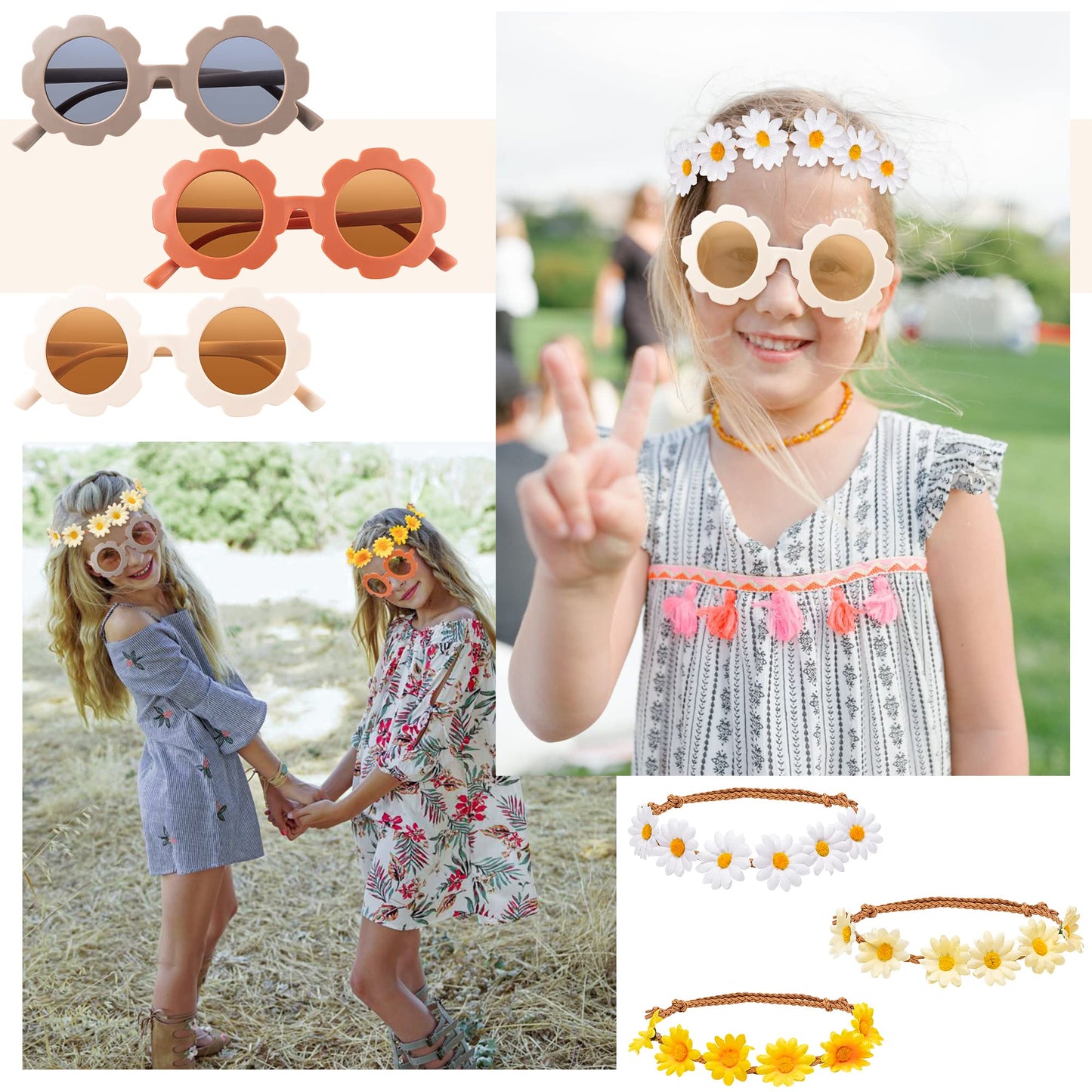 A1Diee 12Pcs Groovy Retro Flower Sunglasses Headbands Party Favors Boho Hippie Round Flower Polarized Eyewear Multicolor Daisy Flower Crown Costume Accessories Set 60S Festival Party Gifts For Kids