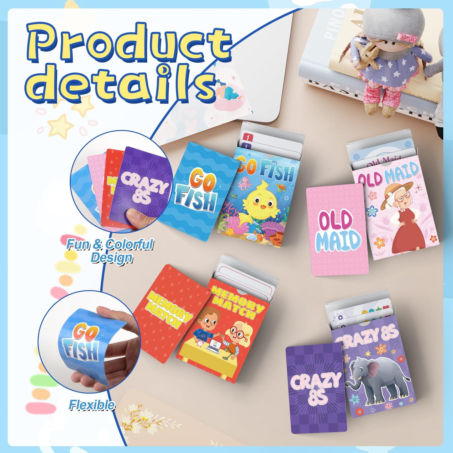 Kids Card Games, Go Fish, Old Maid, Memory Match and Crazy 8s, Go Fish Card Game for Kids 4-8, Fun Toddler Card Games for Family
