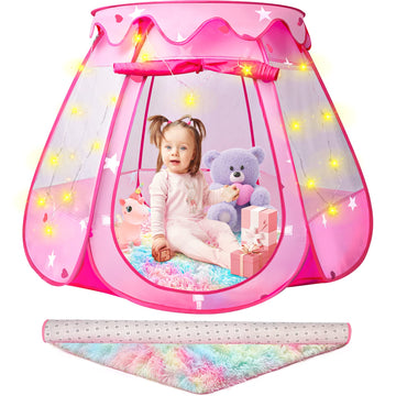 Princess Castle Girls Play Tent With Rainbow Rug Star Lights Pop Up Play Tent For Toddlers Kids Dishio Playhouse Toys For 1,2,3 Years Birthday Gifts Fairy Girls Tent With Mat Indoor Outdoor Kids Play