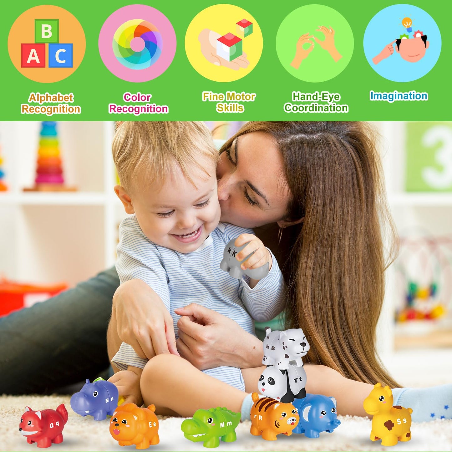Learning Toys For 2 3 4 Year Old, 52 Pcs Abc Animal Alphabet Match Game With Uppercase Lowercase, 10 Different Animal Figures, P