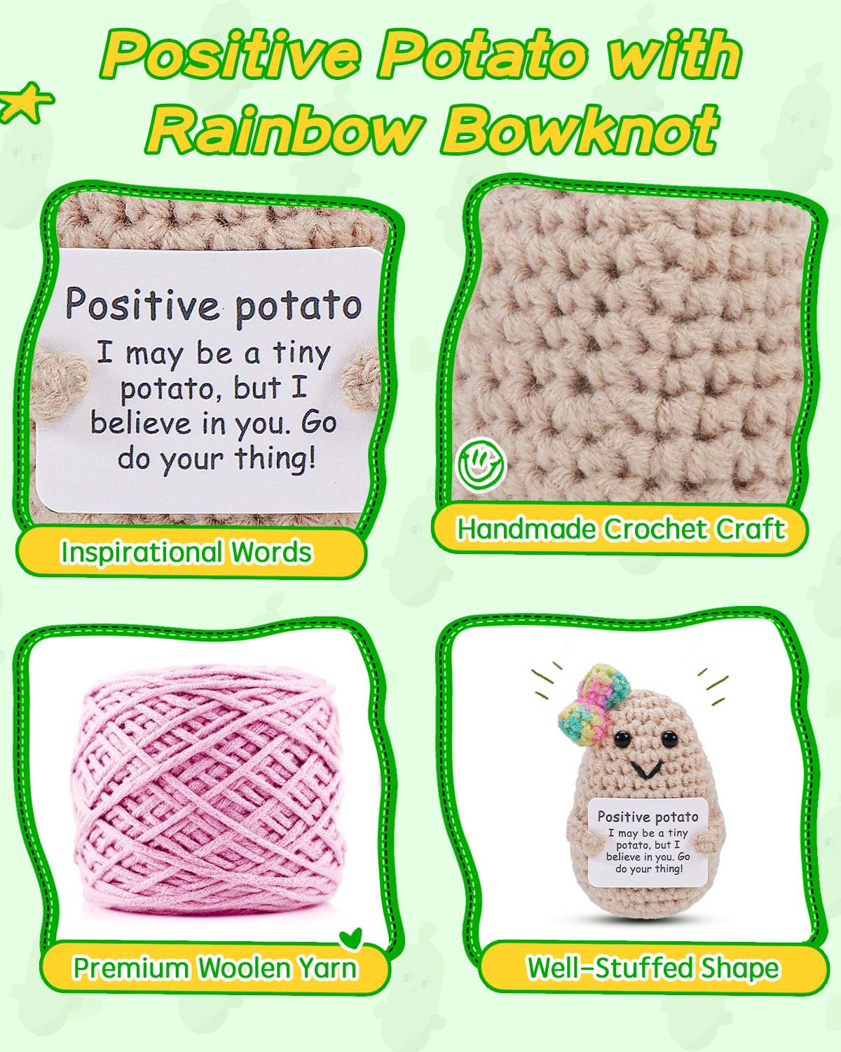 Jelutar Mini Funny Positive Potato, 3 Inch Knitted Doll With Positive Card For Cheer Up Gifts And Party Decorations, Cute Positive Potato Crochet Doll For Birthday Gifts (Potato With Rainbow Bow)
