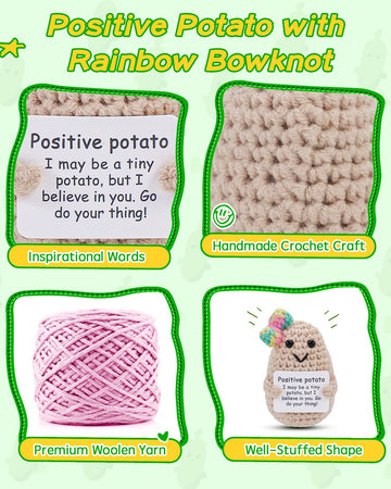 Jelutar Mini Funny Positive Potato, 3 Inch Knitted Doll With Positive Card For Cheer Up Gifts And Party Decorations, Cute Positive Potato Crochet Doll For Birthday Gifts (Potato With Rainbow Bow)