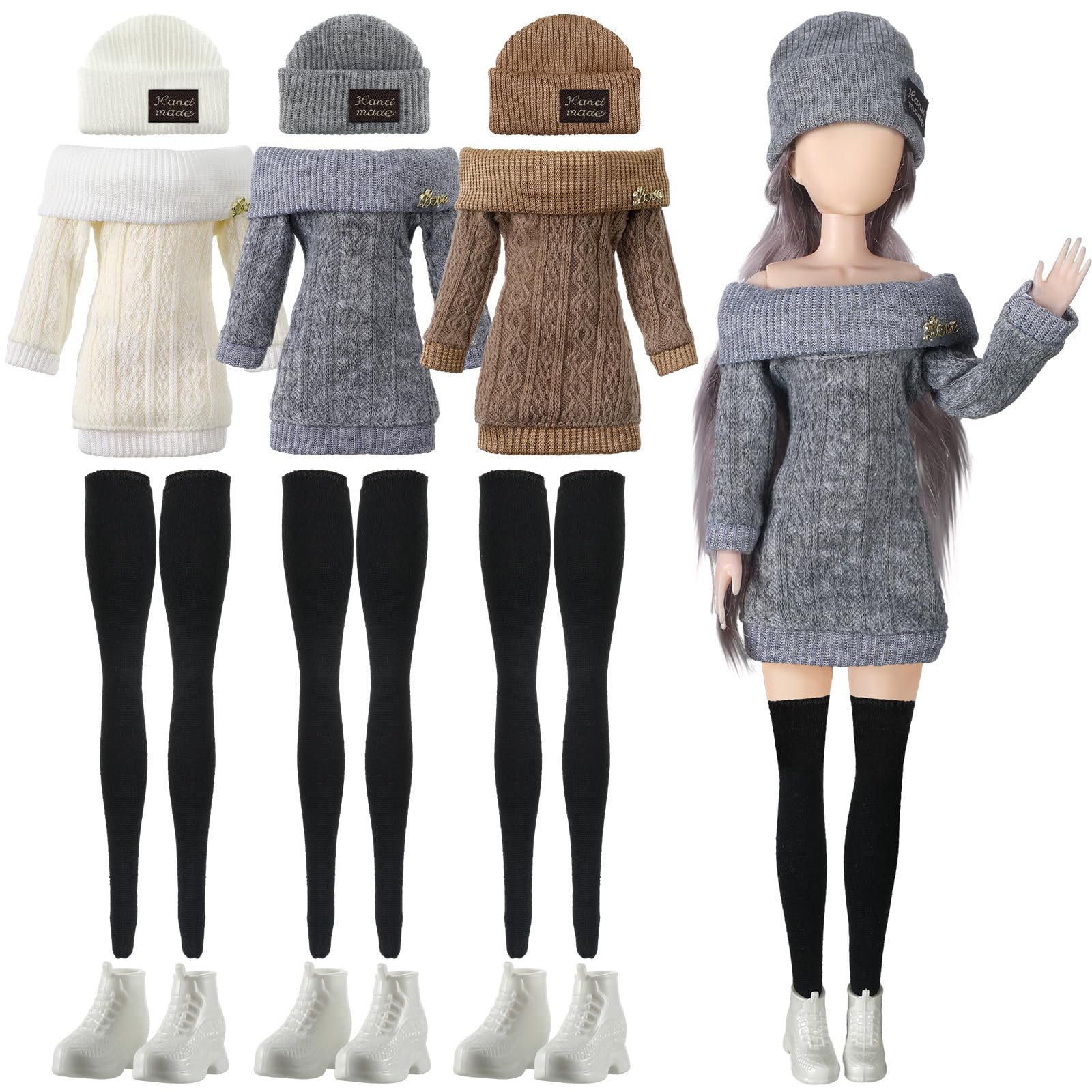 Geyoga 3 Set 12 Pcs Doll Clothes And Accessories Suit Pants Shoes Spring Sweater Outfits, Dolls Are Not Included(Gray, Brown, Cream White,12 Inch)