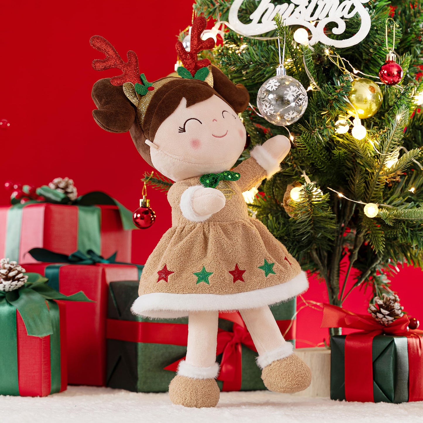 Gloveleya Christmas Reindeer Girl Doll – Soft Plush Doll With Gift Box And Card, For Girls 2-8 Ages, 16-Inch
