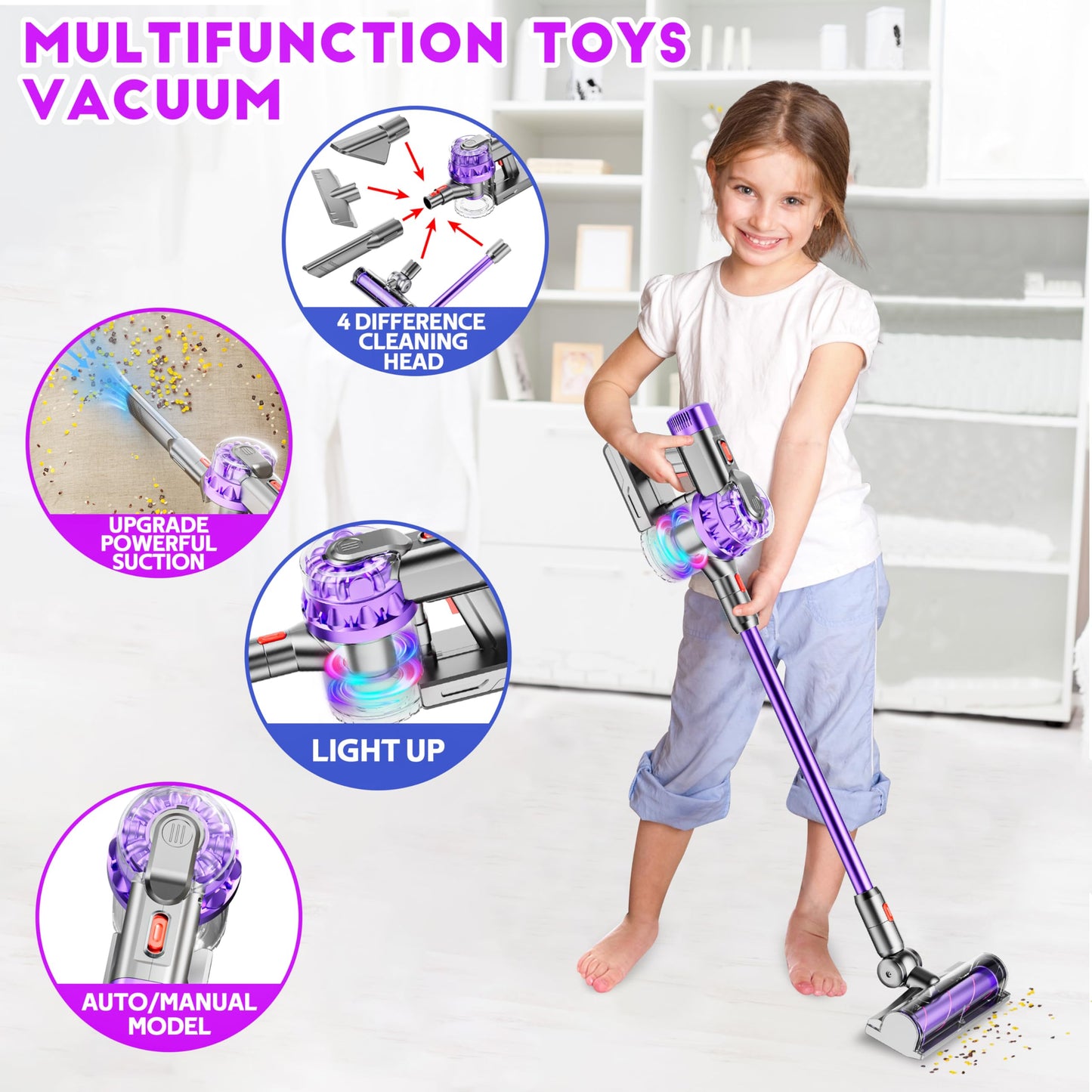 Blaxtem 4-In-1 Kids Vacuum That Really Works, Toddler Pretend Play Cleaning Toy Set With Real Suction, Toys Working Cleaner Birt