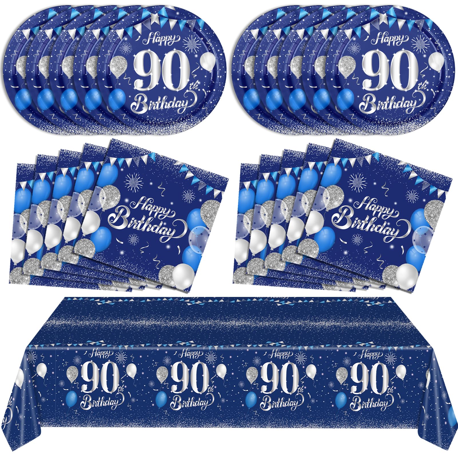 Blue 90Th Birthday Decorations For Men Navy Blue Silver Happy 90Th Birthday Tableware Set Include Happy 90Th Birthday Plates Nap