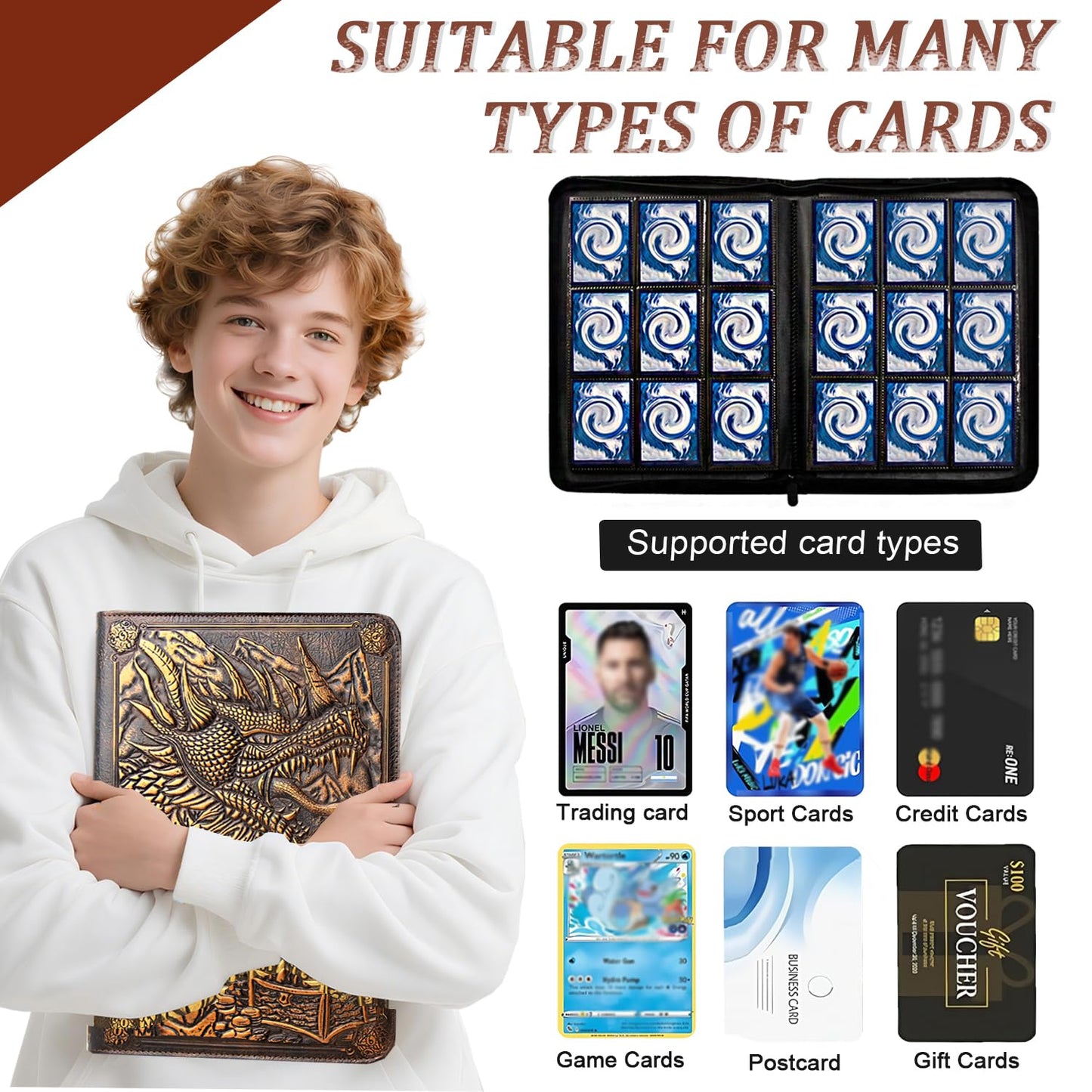 JiaoJiRen 9 Pockets Trading Card Binder-Holds 360 Cards Pockets Album 3D Leather Dragon Double Sided Pocket Collection Zipper Binder for MTG TCG Game Sports Cards (Red Copper)