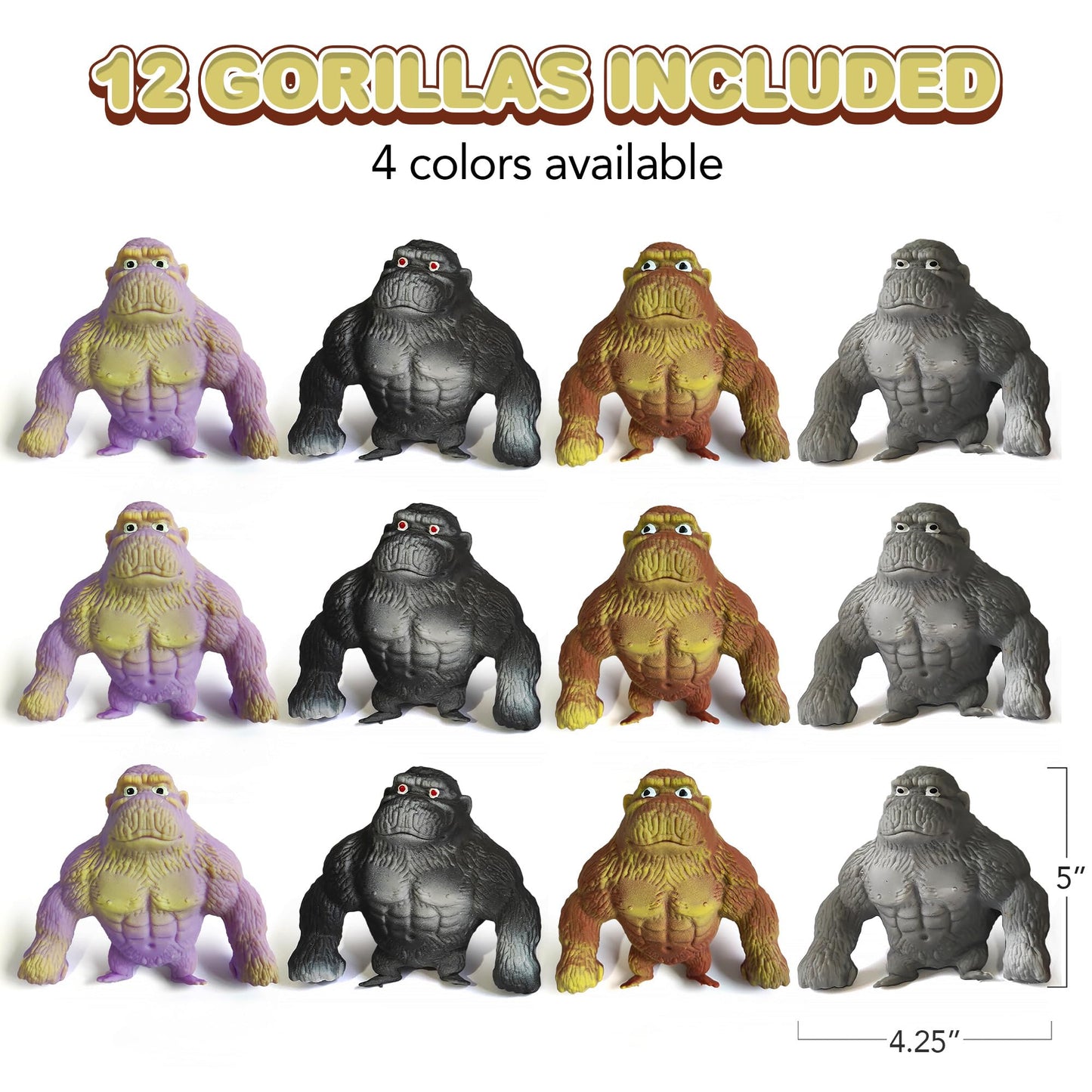 ArtCreativity Stretchy Gorilla Toys - 12 PK Fidget Toys, 3 Feet Arms, Rubber, Brown/Purple/Black, Great for Jungle Party Favors