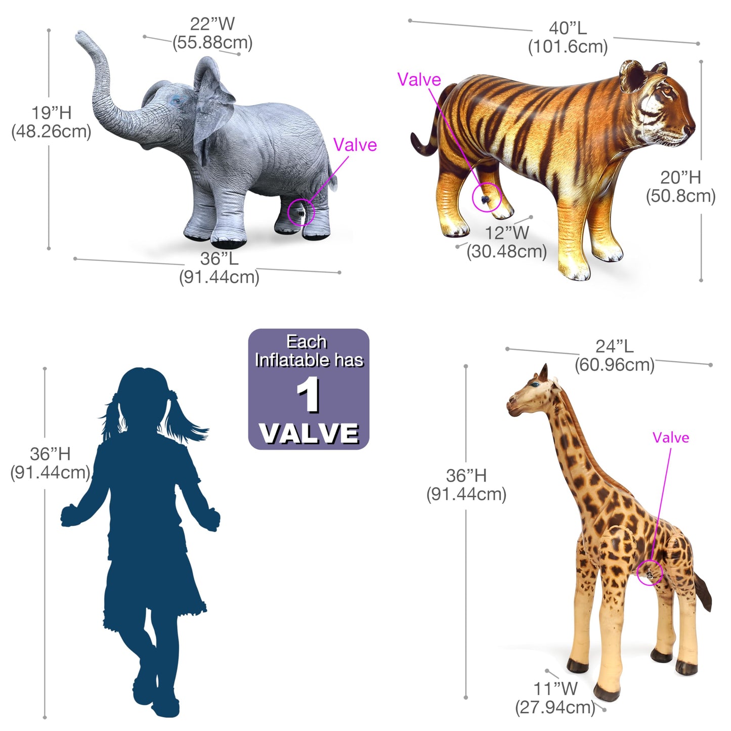 Jet Creations Inflatable Wildlife Bundle - Giraffe 36"H, Elephant 36"L, Tiger 40"L, Multicolor, PVC Material, Realistic Stuffed Animals