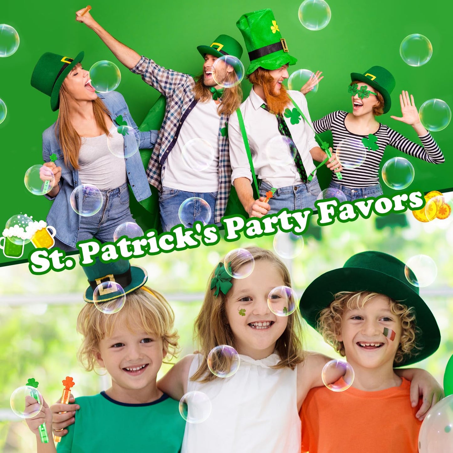 Bulk St Patrick'S Day Party Favors Supplies Goodie Bag Stuffers For Kids 64 Pack, Shamrock Mini Bubble Wands Toys Gifts For Todd