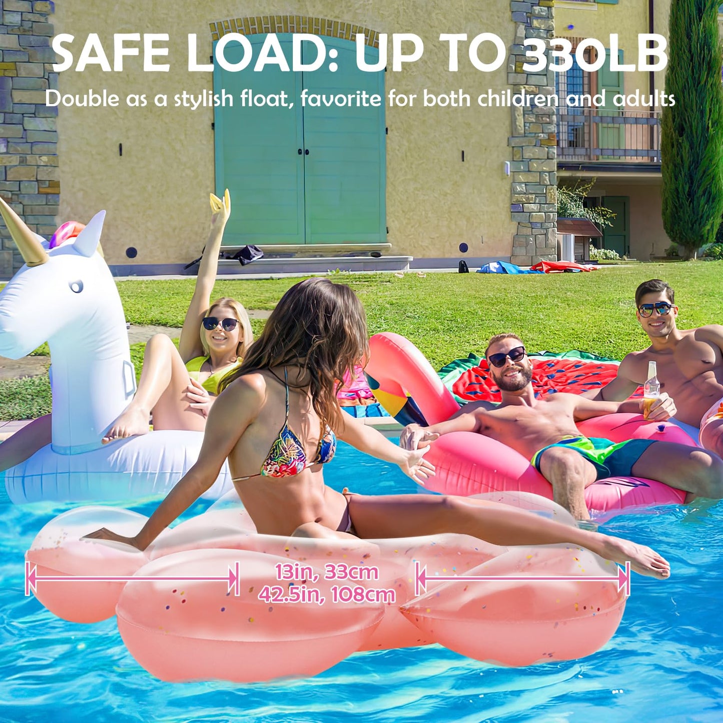 Heysplash Pool Floats For Adults, Large Floats Inflatable Floatie Loungers With Glitter, Swim Tube River Lake Wedding Bride Engagement Party Decor Toy Raft, Flower Bachelorette Fun Decor, Rose Gold