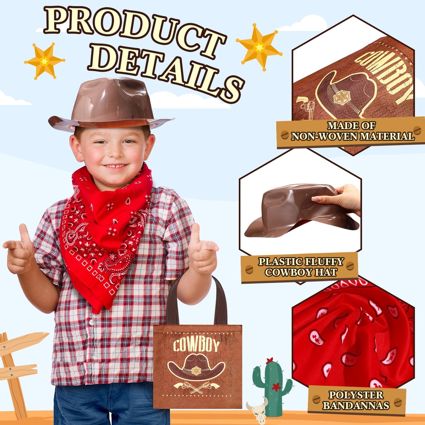 Geetery 36 Pcs Cowboy Hat Western Bandana Treat Bags Set Plastic Cowboy/Cowgirl Themed Party Hats Western Costume Accessories(Br
