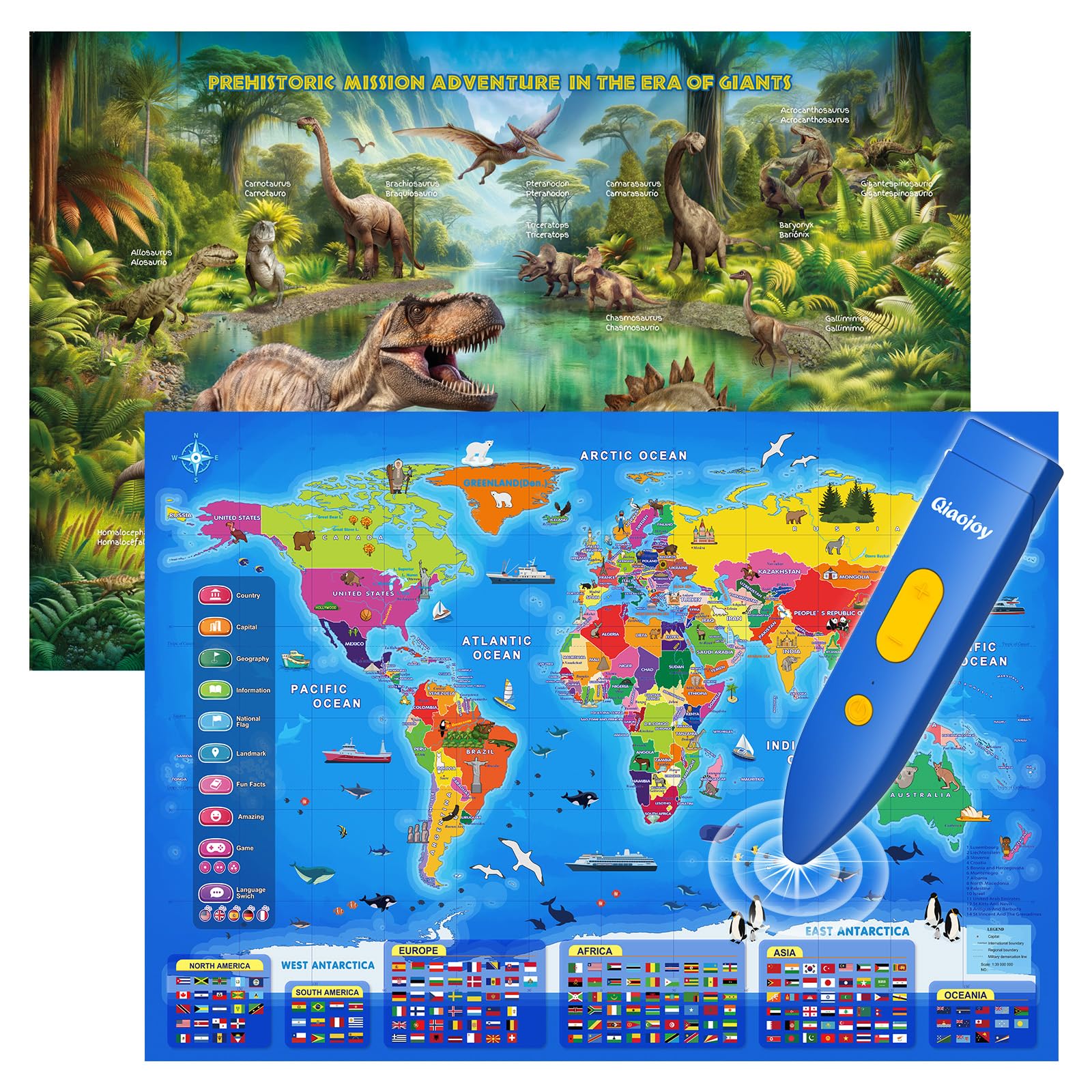 Bilingual Interactive Kids Talking World Map & Dinosaur Poster for Kids Learning and Educational Toys, Talking Educational Toys 