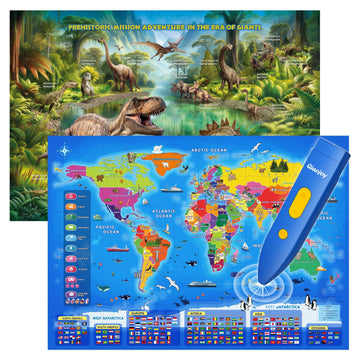 Bilingual Interactive Kids Talking World Map & Dinosaur Poster for Kids Learning and Educational Toys, Talking Educational Toys 