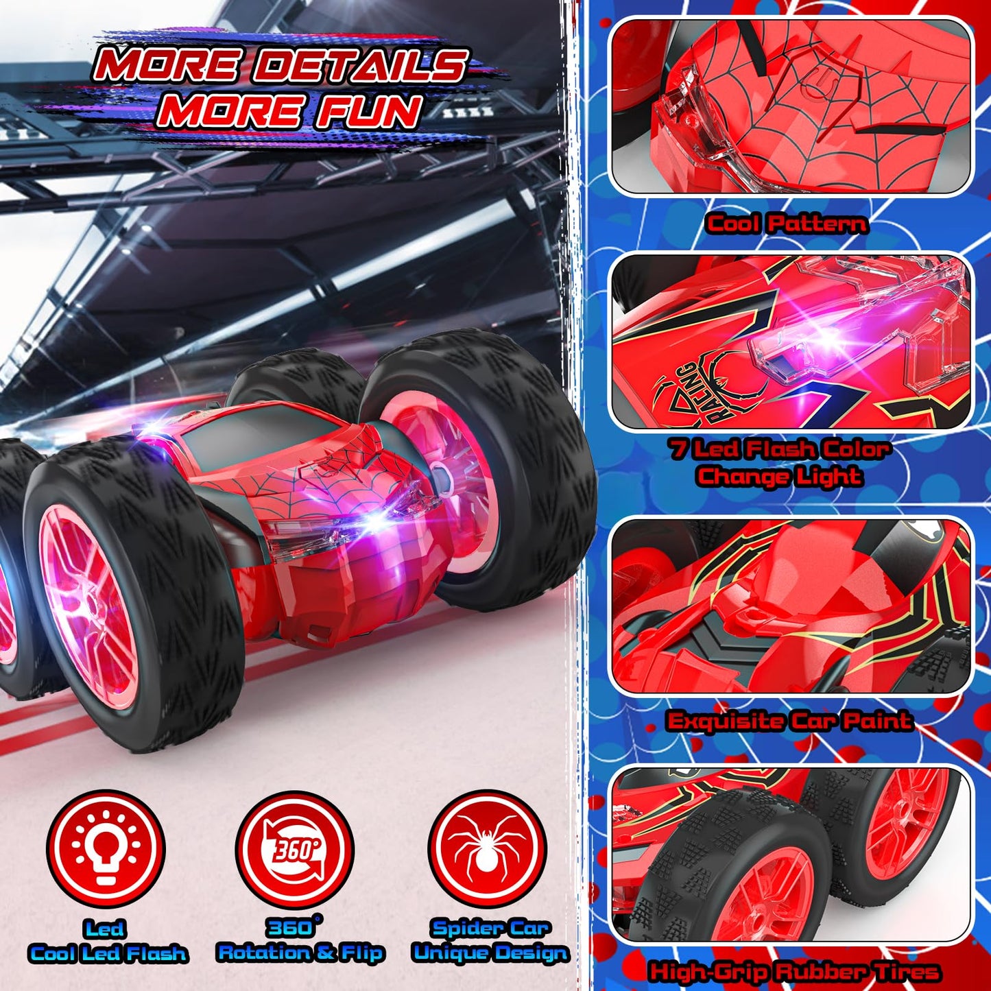Wupuaait Remote Control Car for Kids, RC Stunt Cars Toys for Boys Ages 4-7 with Cool Double-Sided Pattern and LED Flash, 1:24 Ve