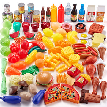 Shimfun 143 Piece Play Food for Kids Kitchen - Toy Assortment - Pretend Food for Toddler - Bonus Water Bottle + Deluxe Color Box