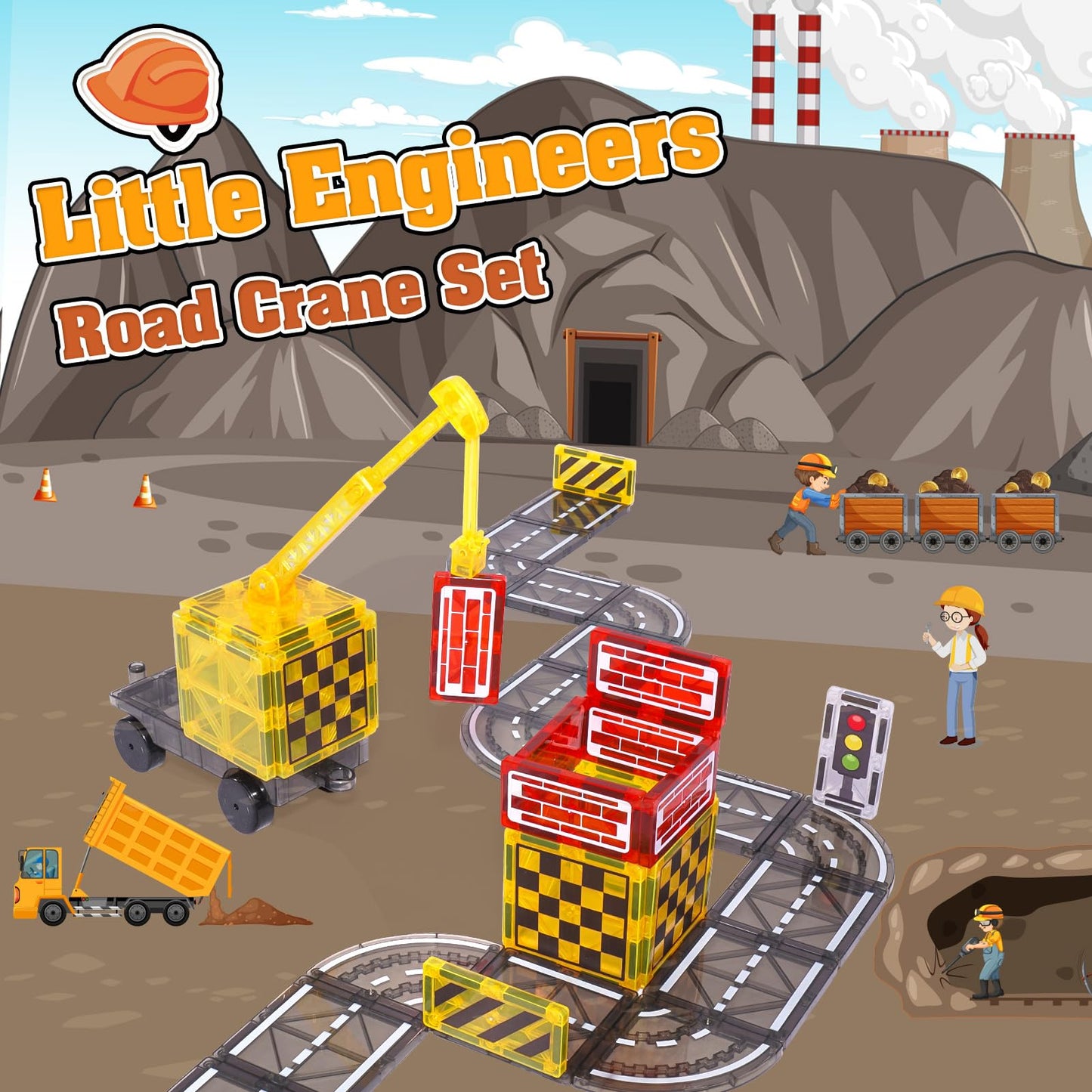 Magnetic Tiles Kids Construction Toys - Road Set With Magnet Crane For Boys Age 3-5 4-8 8-10, Magnet Building Blocks Expansion P