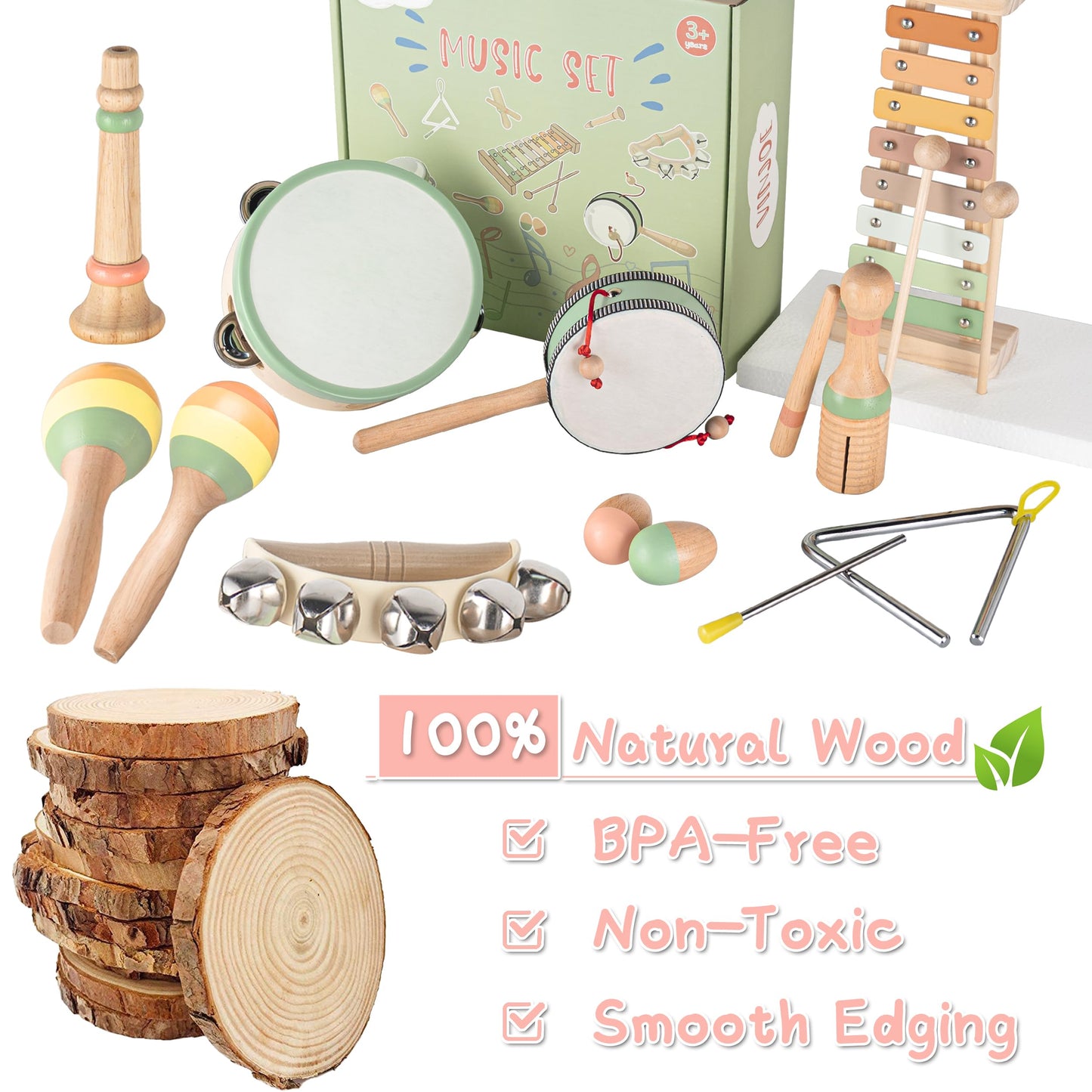 Vinjoe Baby Musical Instruments-Toddler Montessori Wooden Musical Toys For Kids 1-3, Neutral Colors Percussion Instruments Set E