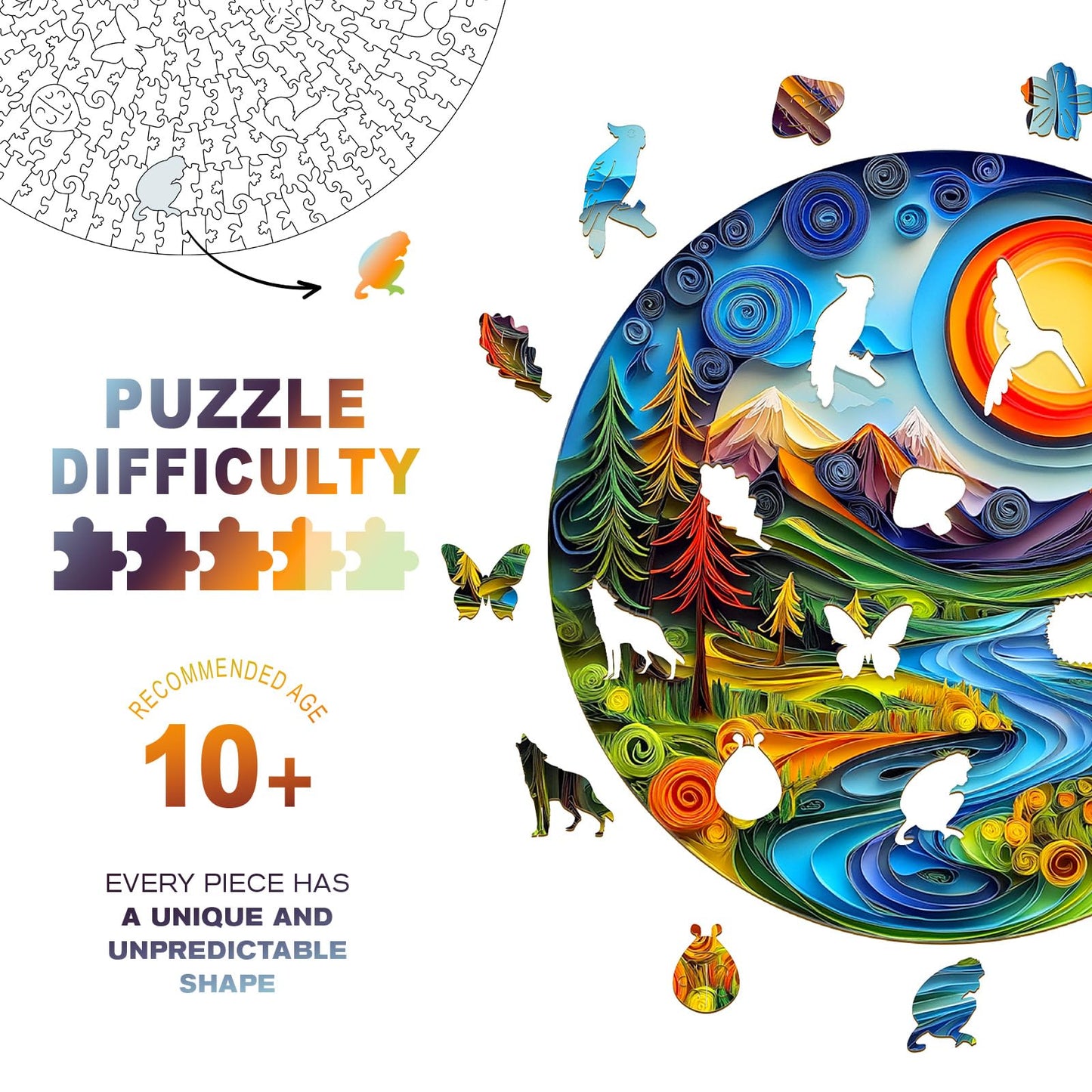 Wooden Puzzles for mature-themeds  Unique Animal Shaped Sunrise Scenery mature-themed Puzzle  3D Vision Wooden Jigsaw Puzzles mature-themed  Challenging Creative Gifts Family Games 11.4 * 11.4in 200pcs