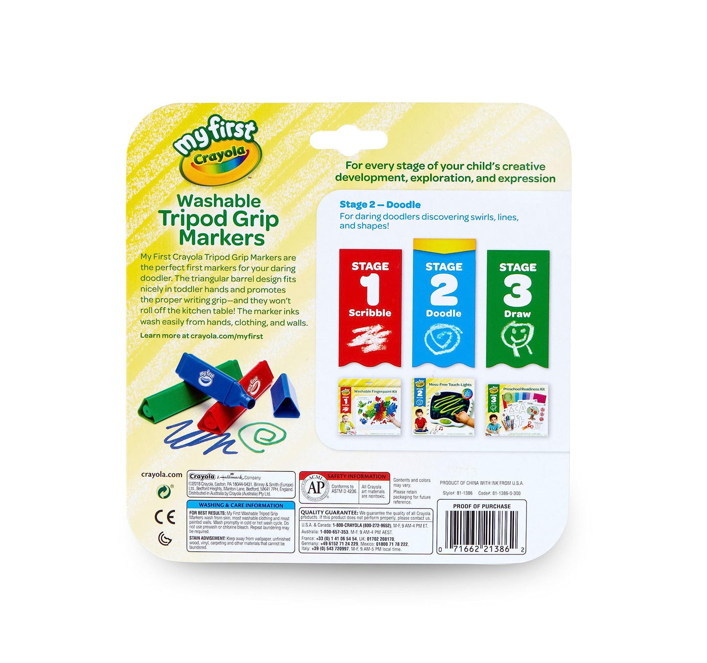 Crayola Triangle Toddler Markers, 8ct Easy Grip Washable Coloring Markers, Multicolored, Arts & Crafts Supplies for Young Kids