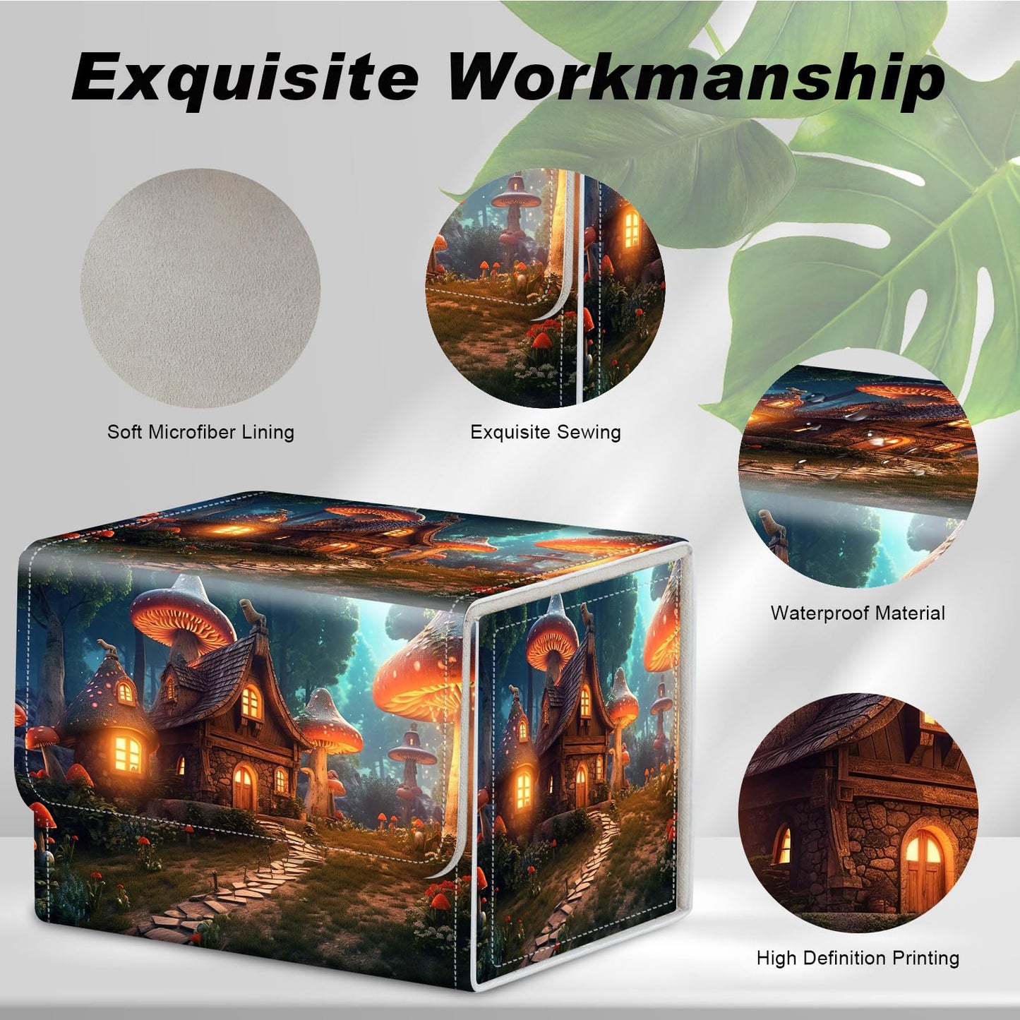 DEGDFSGR Card Game Storage Box for TCG MTG Commander Deck Box Organizer Trading Card Case Magnetic Closure Creative Pattern Up to 200 Cards  A Magical Mushroom Village