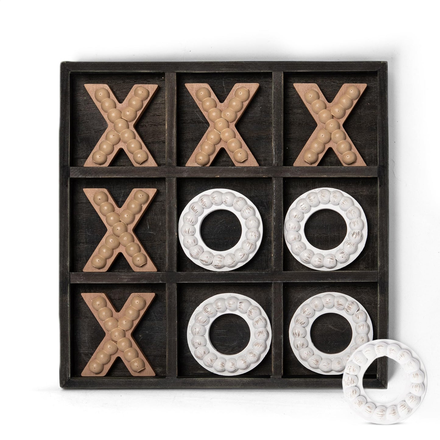 Genmous Wooden Tic Tac Toe Game Board For Seniors Family Indoor Game, 10.6 Inch Black Rustic Giant Tic Tac Toe Coffee Table Deco